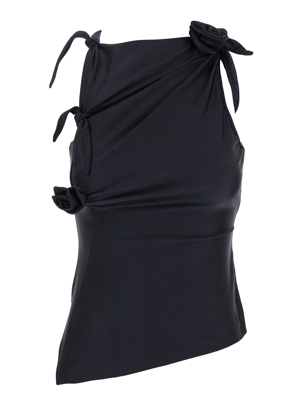 Black Asymmetric Sleeveless Top With Floral Detail And Cut-out On The Front In Tech Fabric Stretch Woman