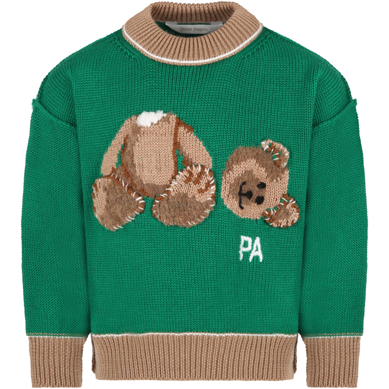 Palm Angels Green Sweater For Kids With Bear And Logo