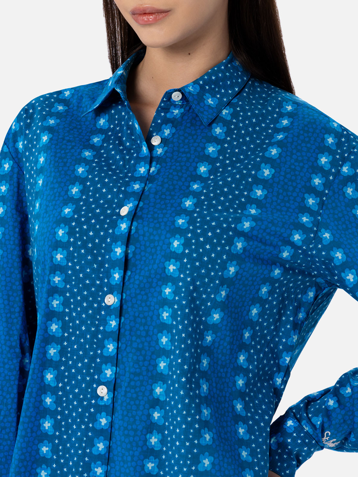 Shop Mc2 Saint Barth Woman Cotton Shirt Brigitte With Indigo Flower Print In Blue