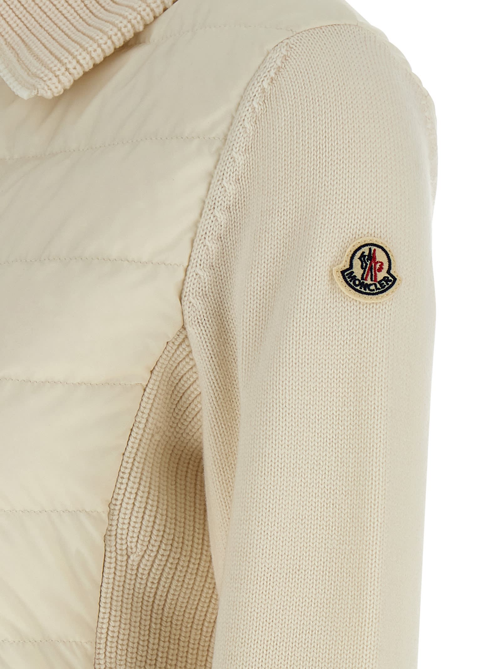 Moncler Two-material Cardigan With Goose Down Padding And High Neck In Neutral