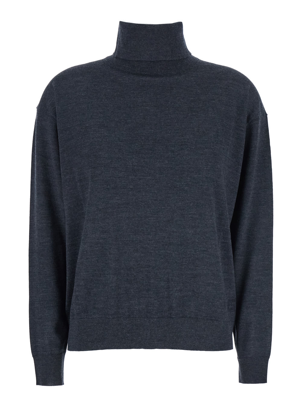 Grey Turtleneck Sweater With Ribbed Trims In Wool Woman