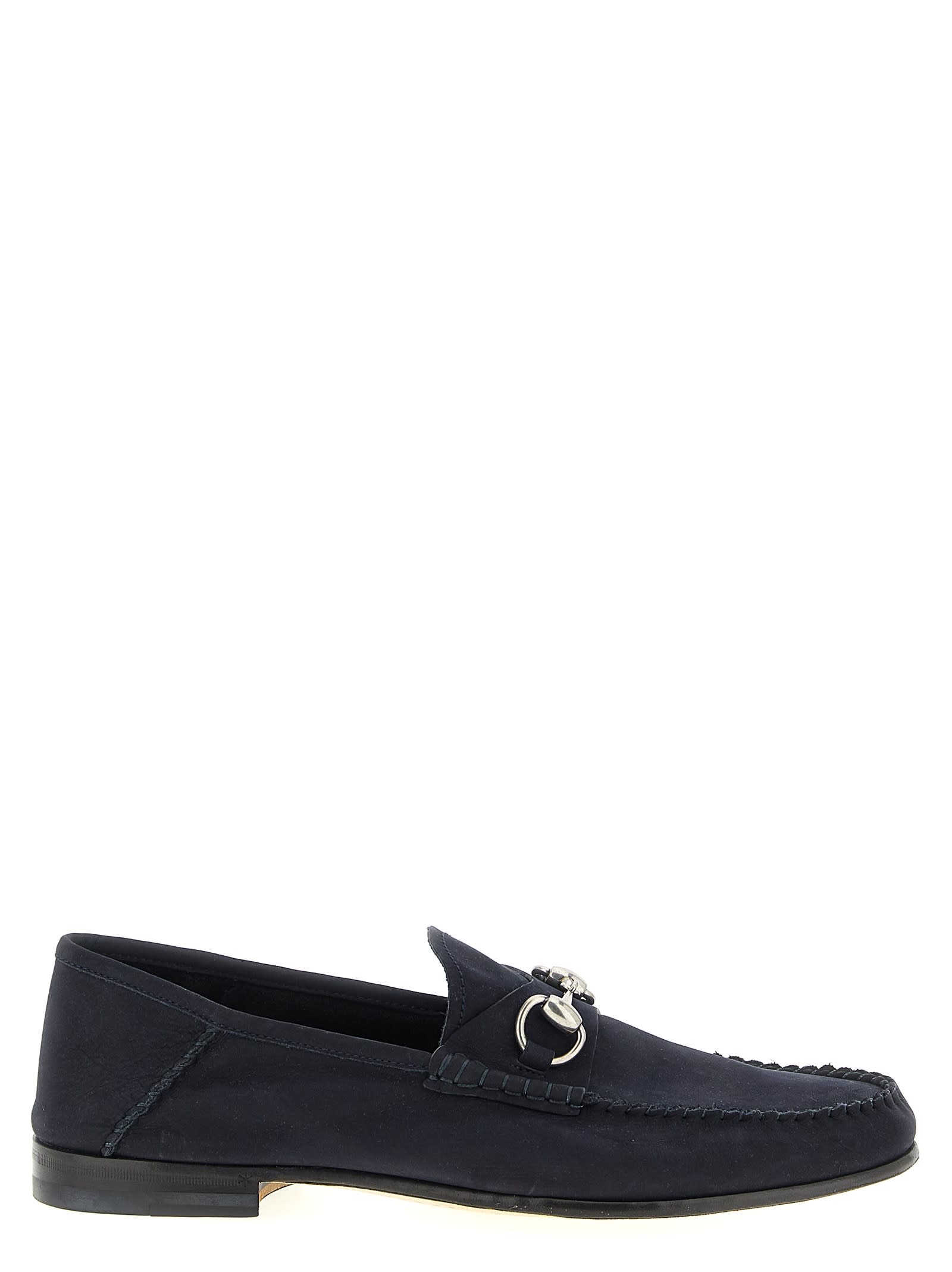 Gucci Round Toe Loafers With Metal Buckle Detail In Blue