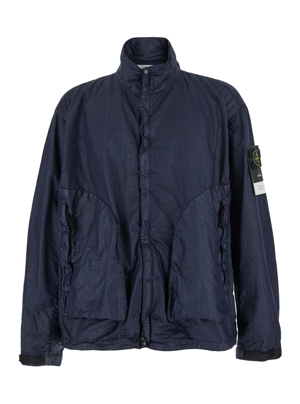 Stone Island Blue Jacket With High Collar And Compass Logo Applied On The Sleeve In Tech Fabric Man