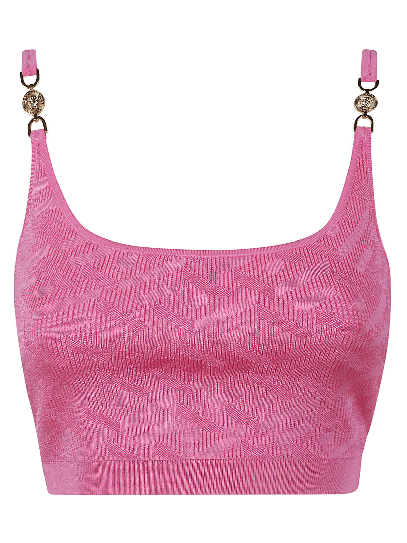Versace La Greca Jacquard Knit Cropped Top In Pink