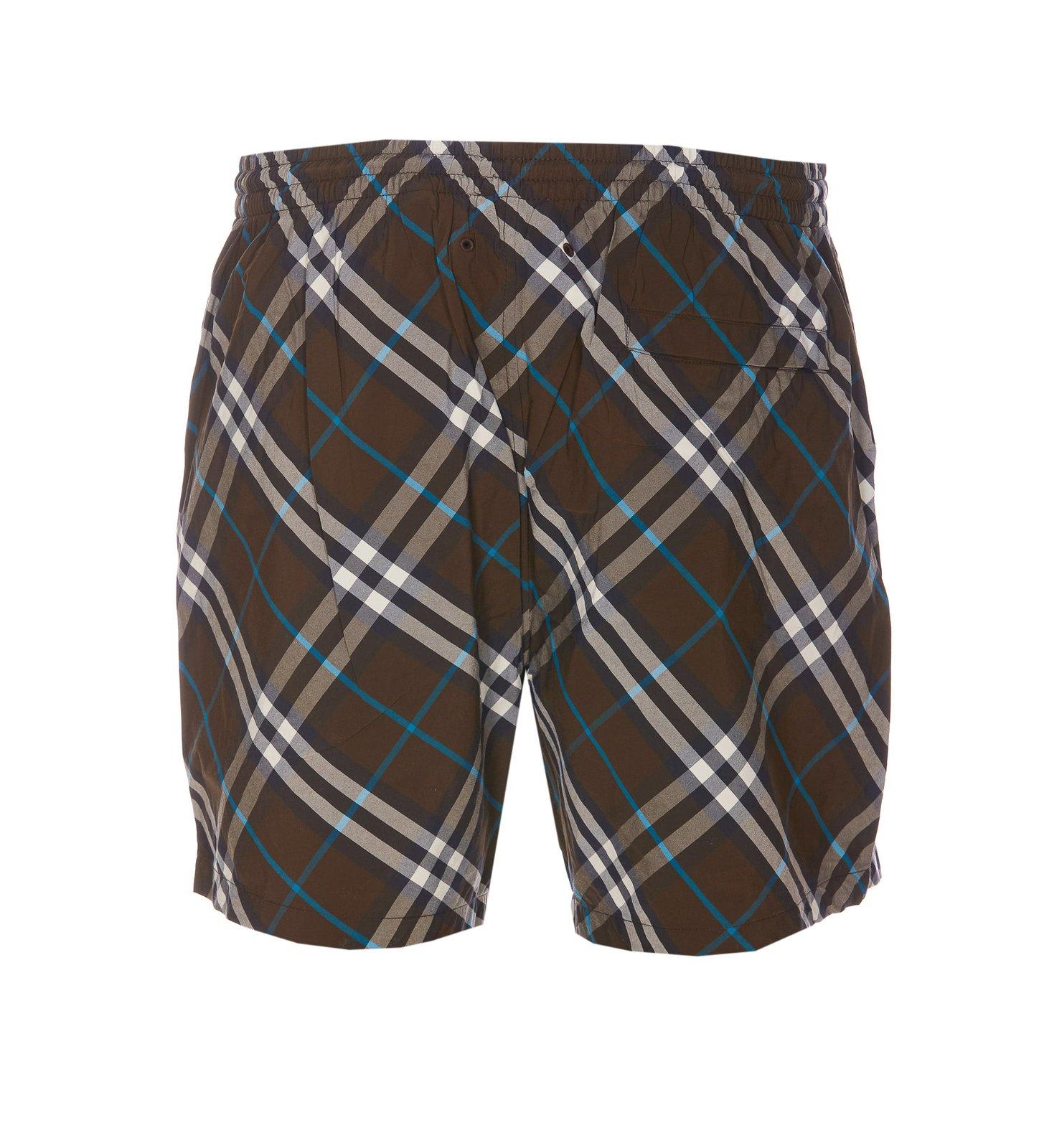 Shop Burberry Checked Drawstring Swim Shorts In Brown