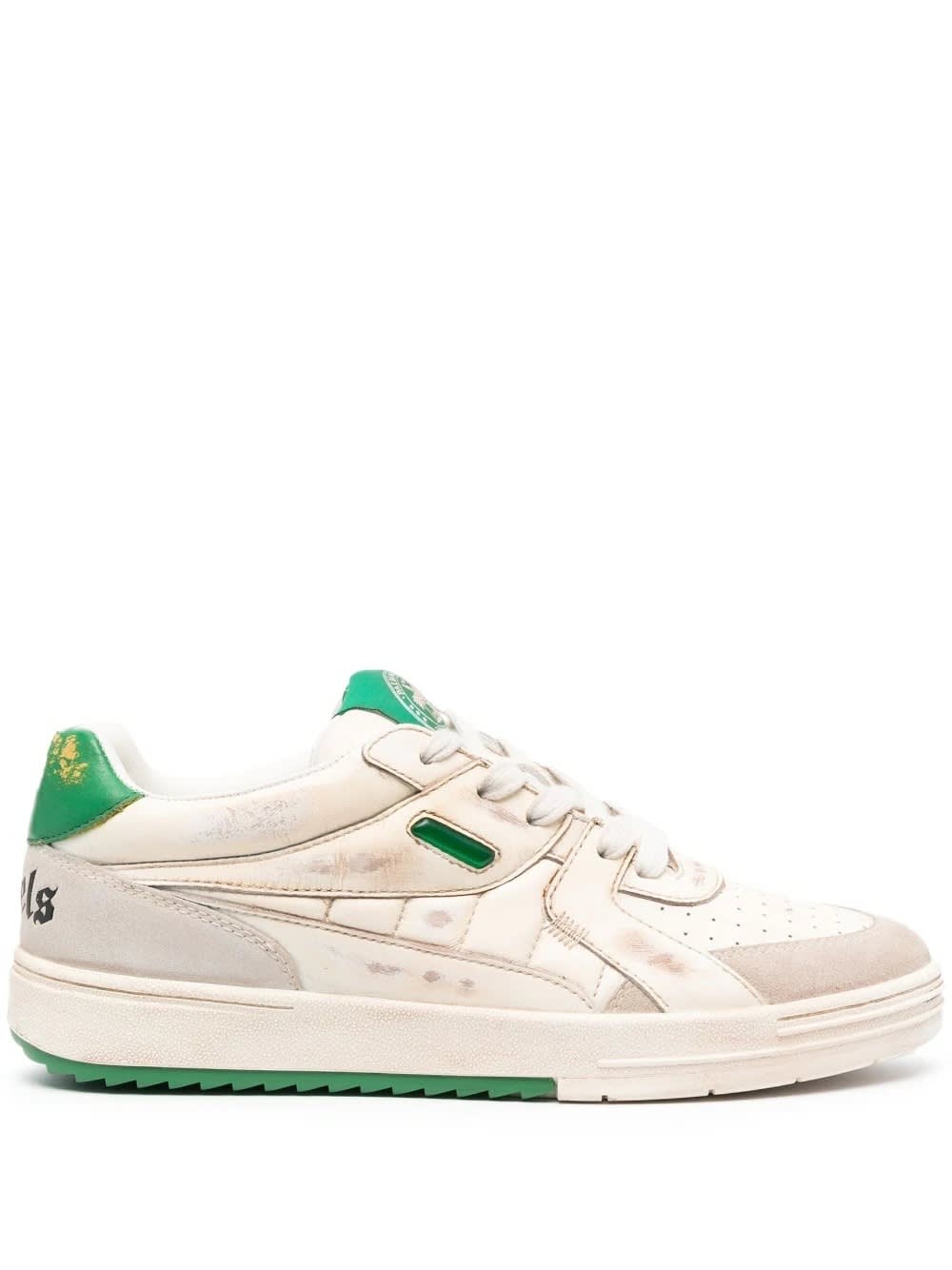 PALM ANGELS WHITE AND GREEN UNIVERSITY LOW SNEAKERS