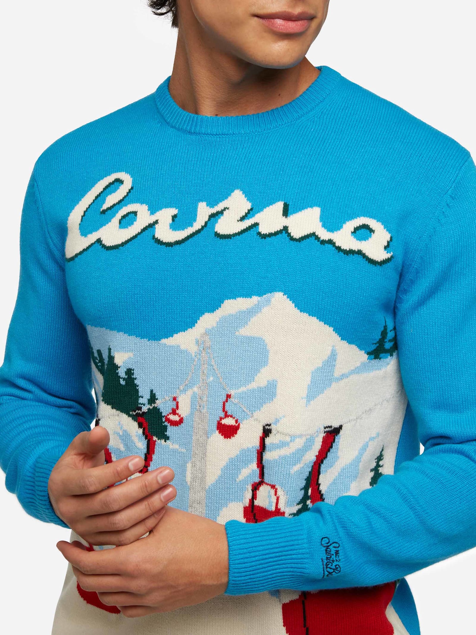 Mc2 Saint Barth Crewneck Sweater Heron With Courma Postcard Jacquard In Sky