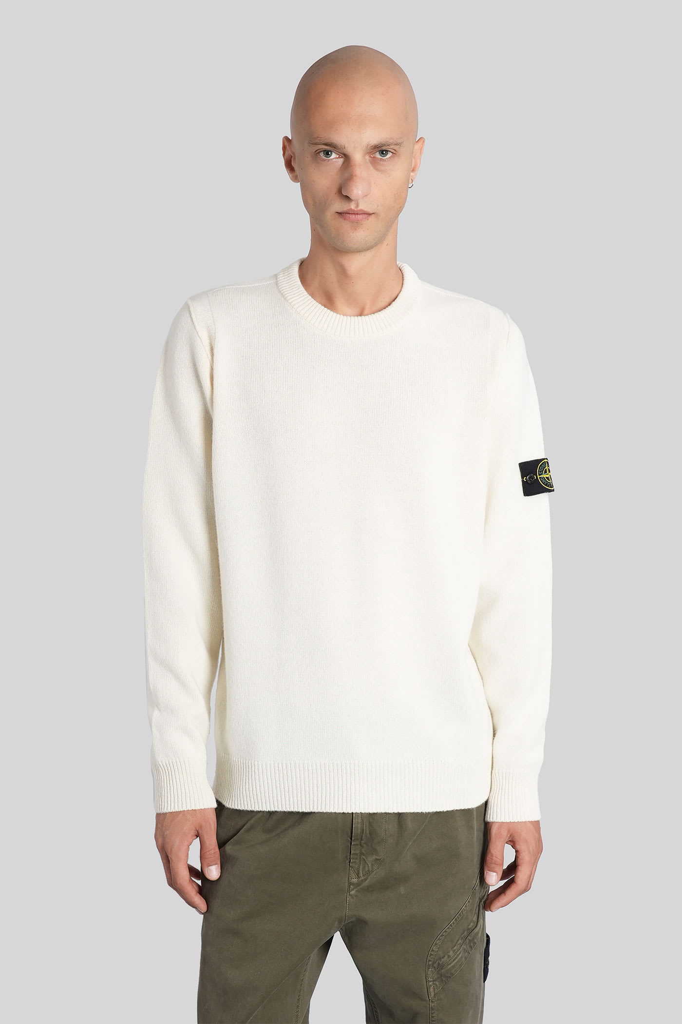 Stone Island Crew Neck Wool Sweater With Reverse Stitch Details In White