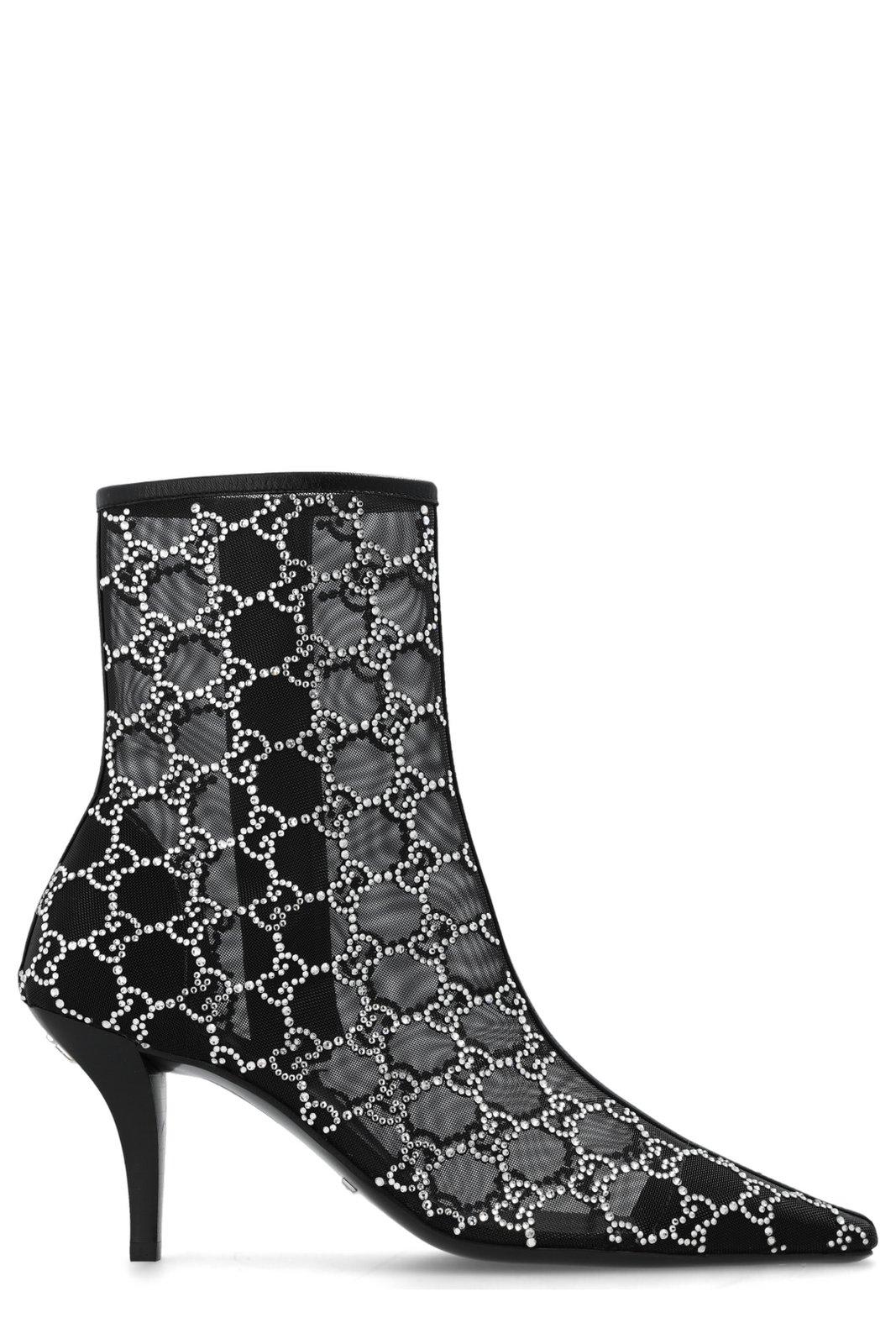 Gucci Gg Crystals-embellished Pointed-toe Ankle Boots In Black
