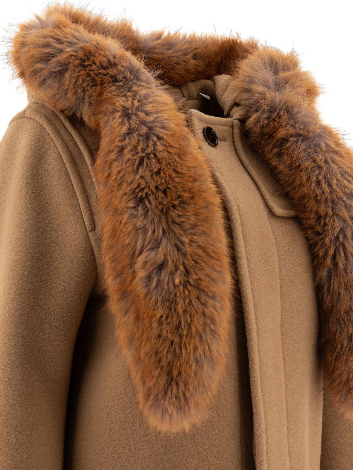 Shop Burberry Faux-fur Trim Long Sleeved Duffle Coat In Brown