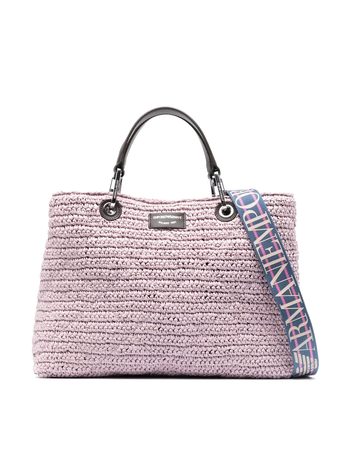 Emporio Armani Straw Medium Shopping Bag With Crossbody In Lilac Black