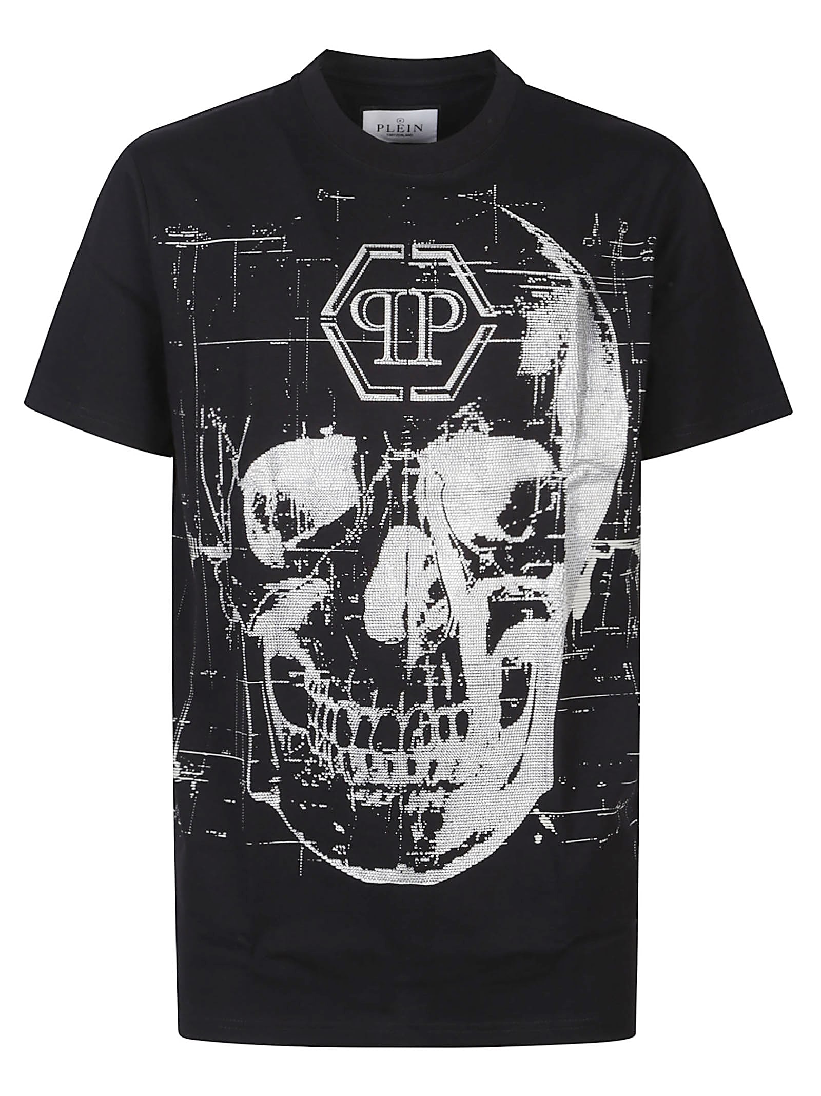 Philipp Plein Crew Neck Black T-shirt With Crystal Skull Design And Logo Patch In Black