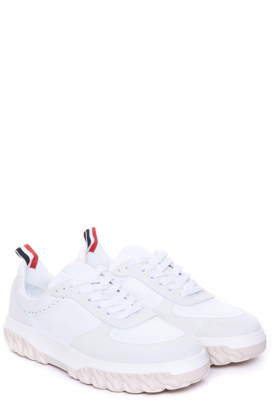 Shop Thom Browne Letterman Panelled Low-top Sneakers In White