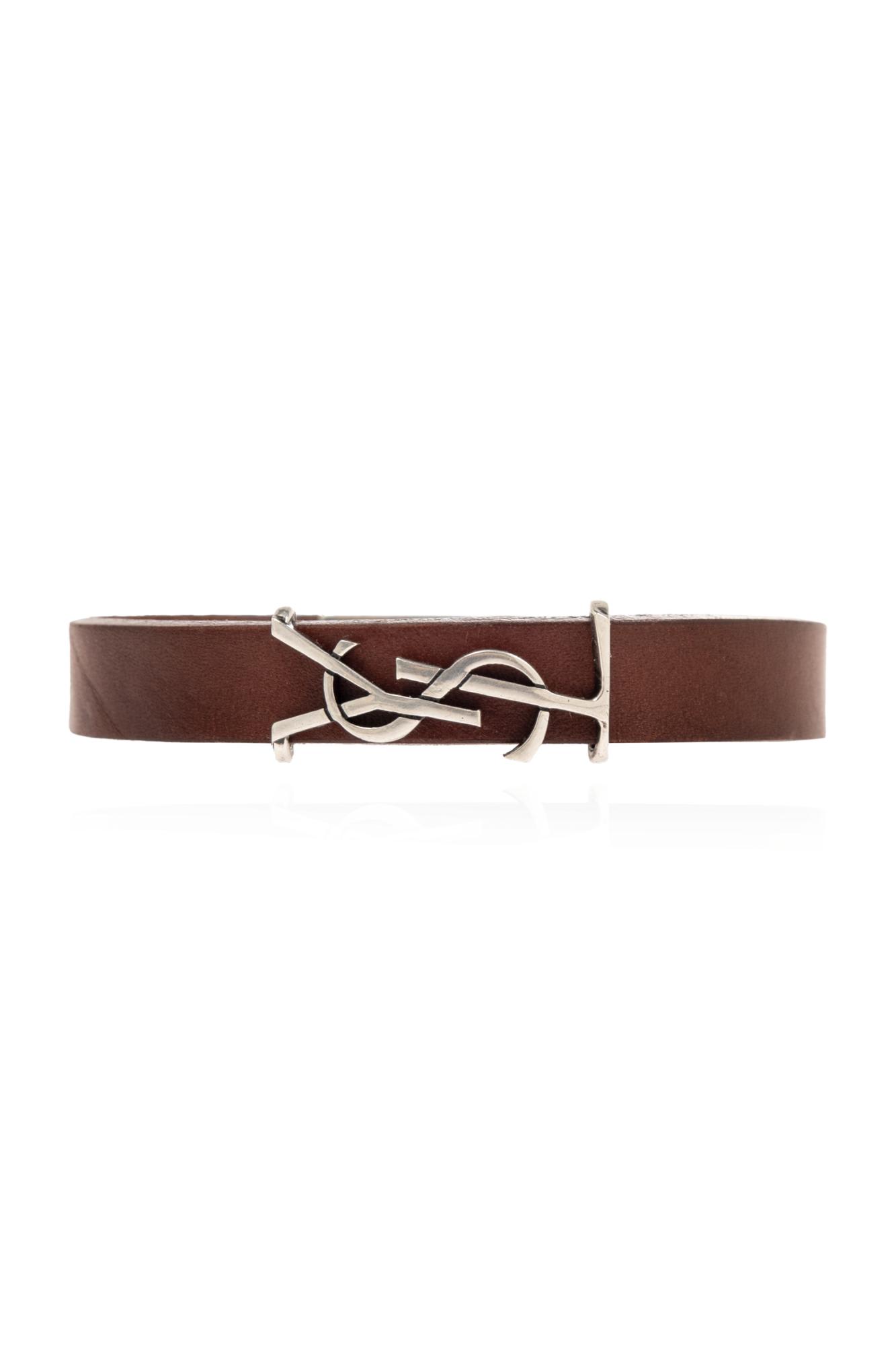 Shop Saint Laurent Bracelet With Logo In Light Brown / Argent