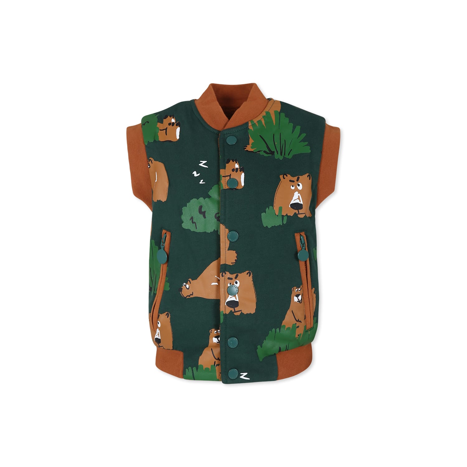 Stella Mccartney Kids' Green Reversible Vest For Boy With Bear