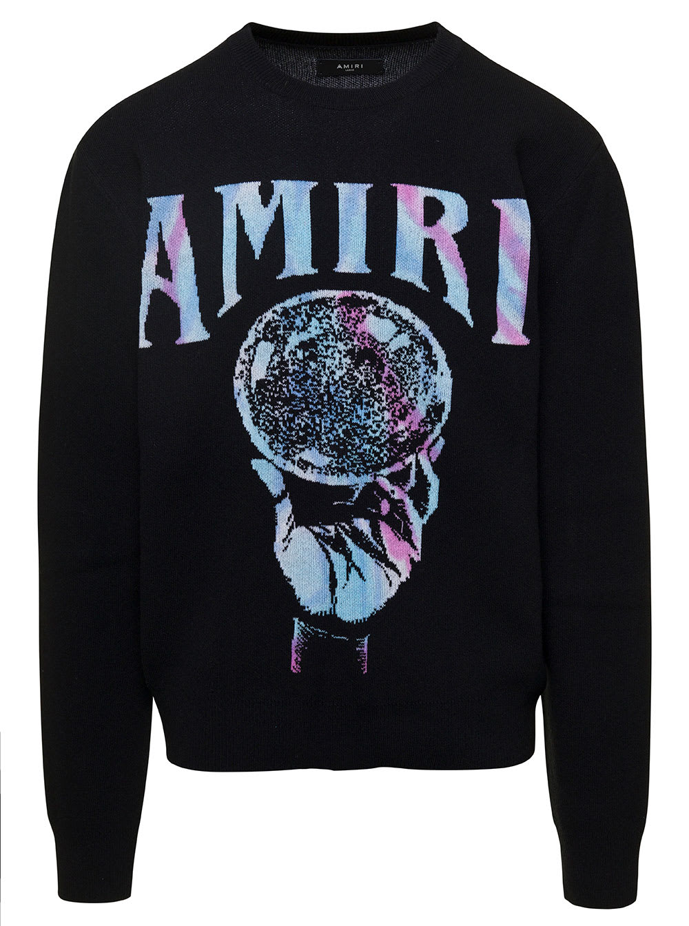 AMIRI Black Crewneck Sweatshirt With Logo And Crystal Ball Print On The Front In Recycled Cashmere Man
