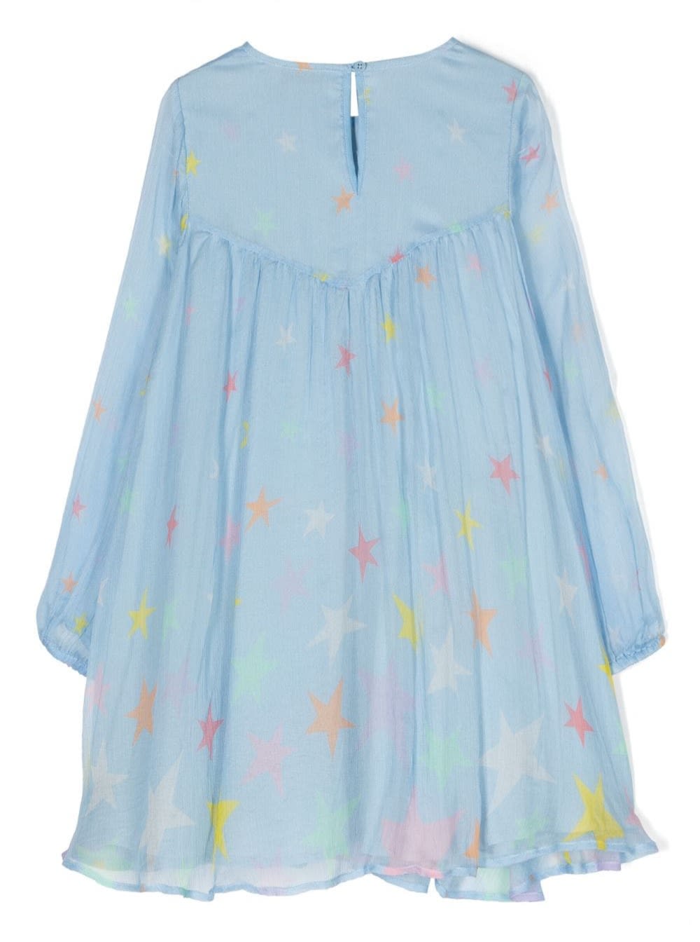 Shop Stella Mccartney Light Blue Dress With Volant And All-over Star Motif In Silk Girl In Multicolor