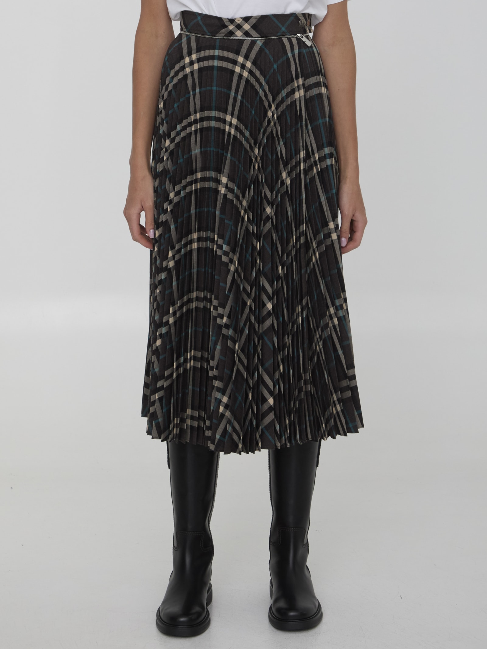 Shop Burberry Check Pleated Skirt In Green