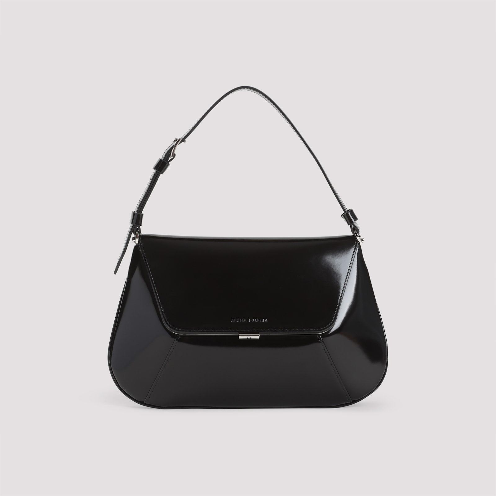 Amina Muaddi Leather Handbag With Curved Base And Reptile Motif Embossing In Black Silver