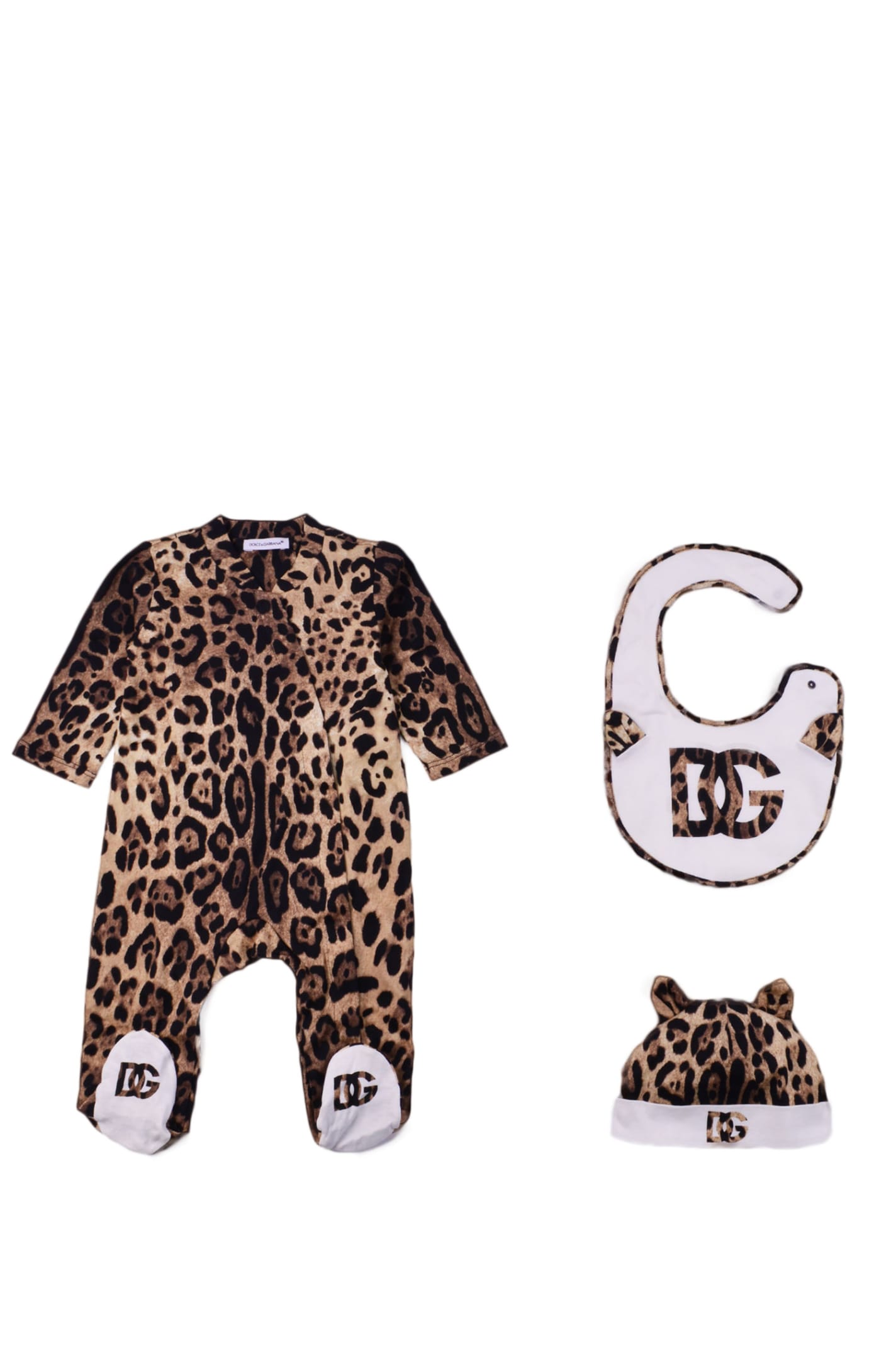 Dolce & Gabbana Romper, Bib And Hat With Leopard Print