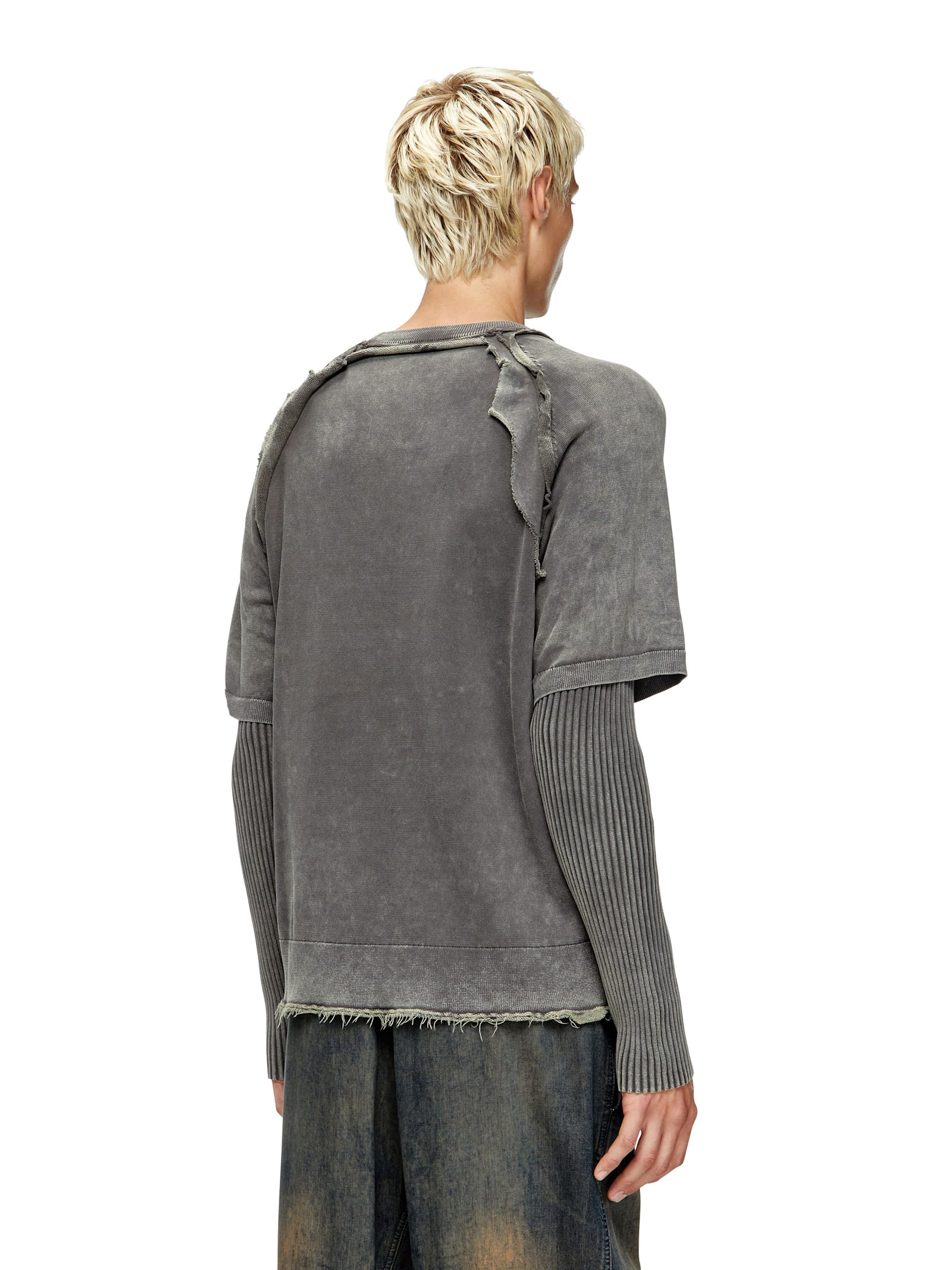 Diesel Crewneck Sweater With Distressed Layered Sleeves And Raw Hem In Gray