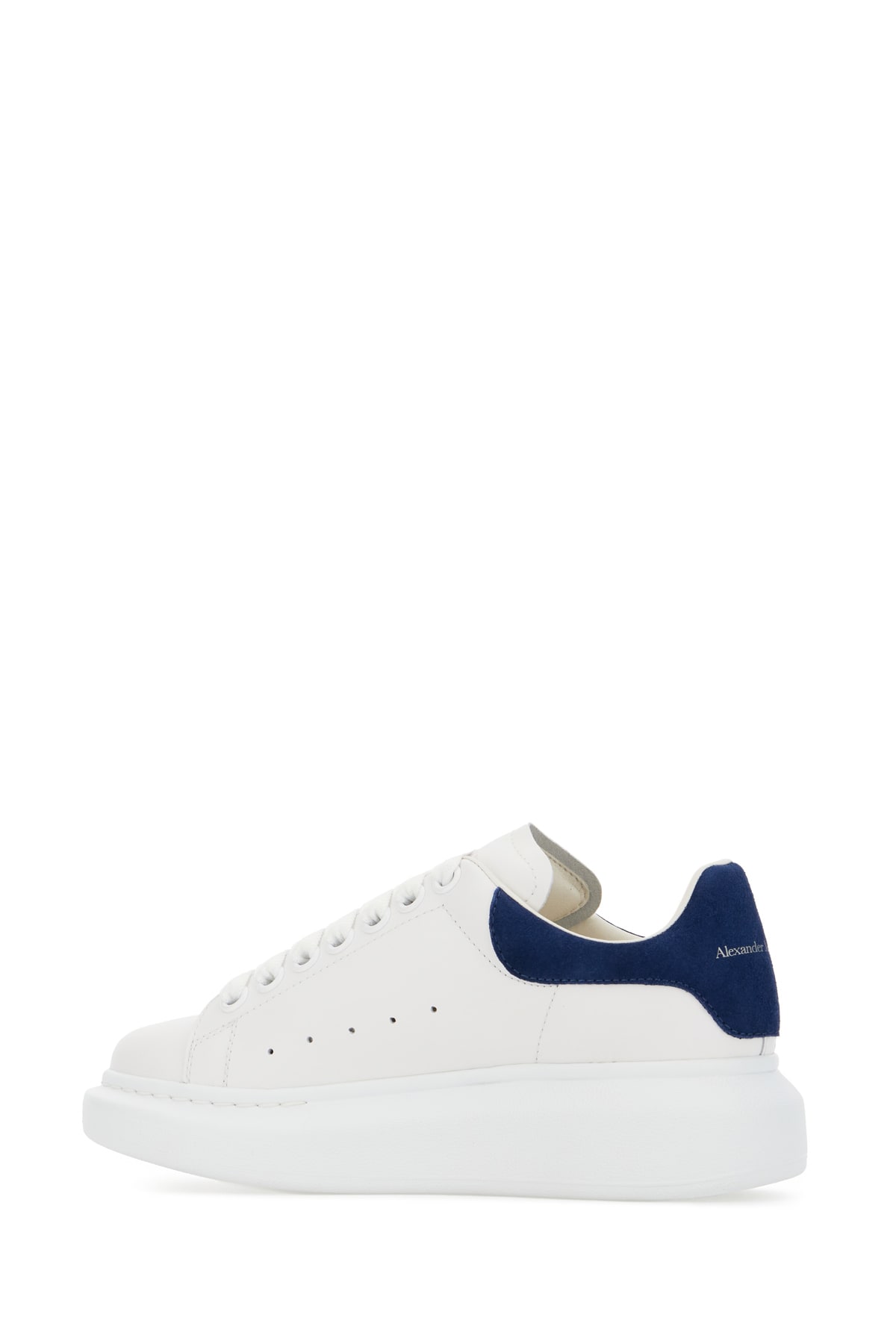 Shop Alexander Mcqueen White Leather Sneakers With Blue Suede Heel In Bianco