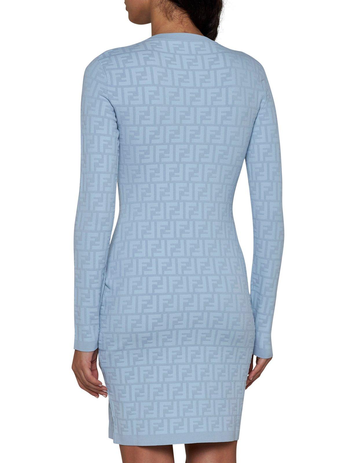 Shop Fendi Ff Jacquard Long Sleeved Crewneck Dress In Clear Blue