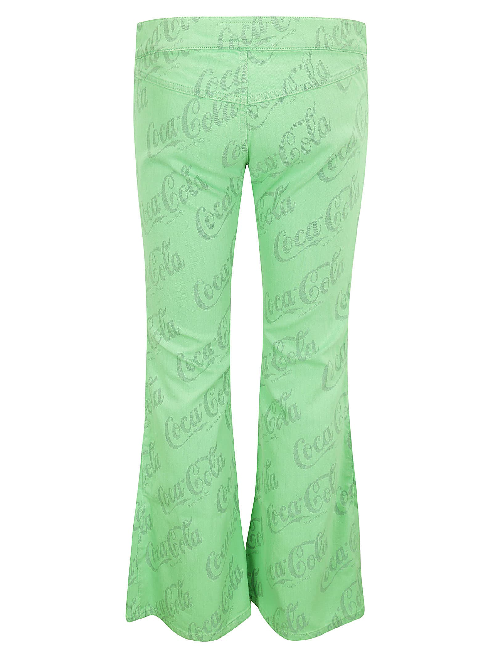 Shop Erl Unisex Jacquard Denim Flare Pants Woven In Green Coca Cola