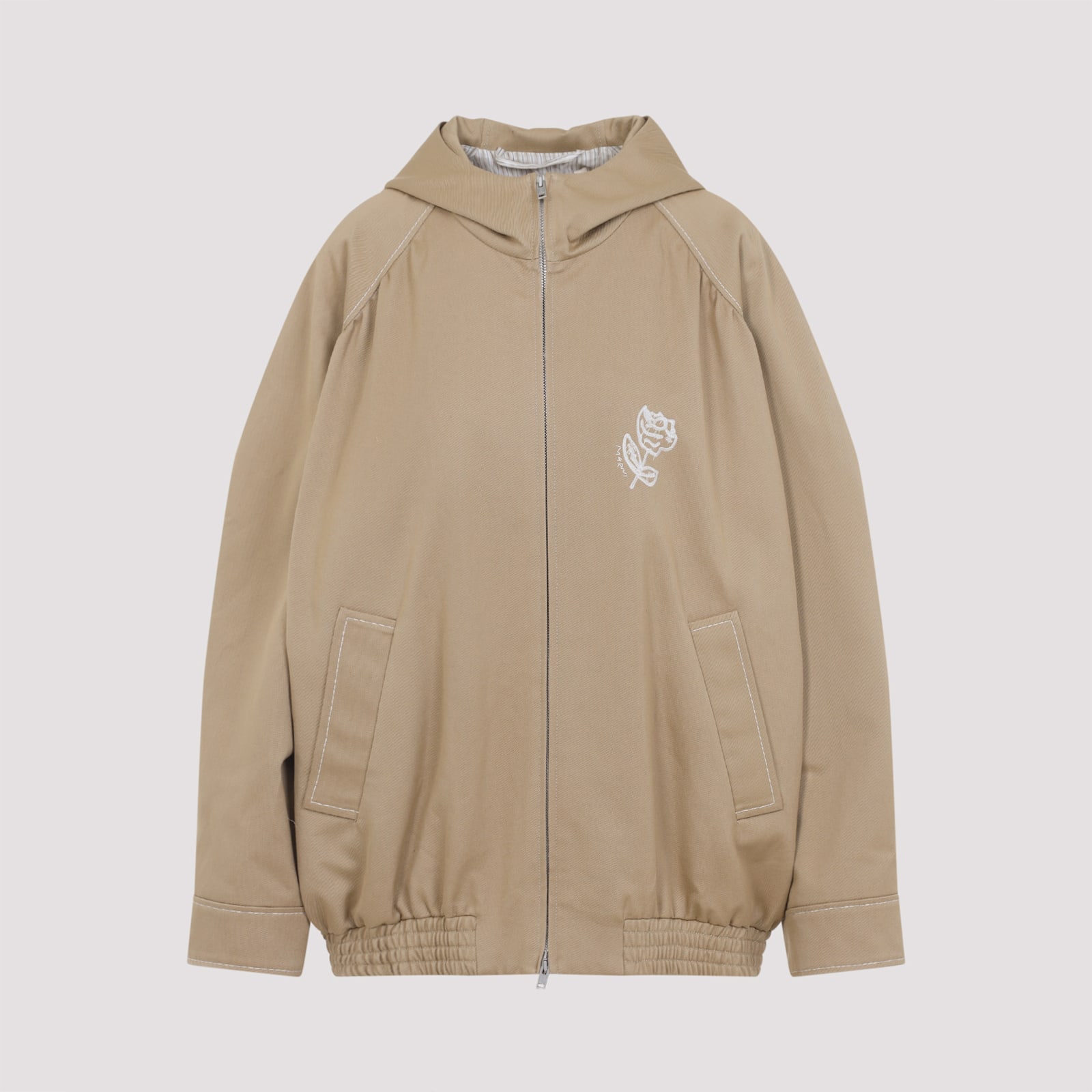 Marni Hooded Jacket With Embroidered Detail And Elasticated Hem In Brown
