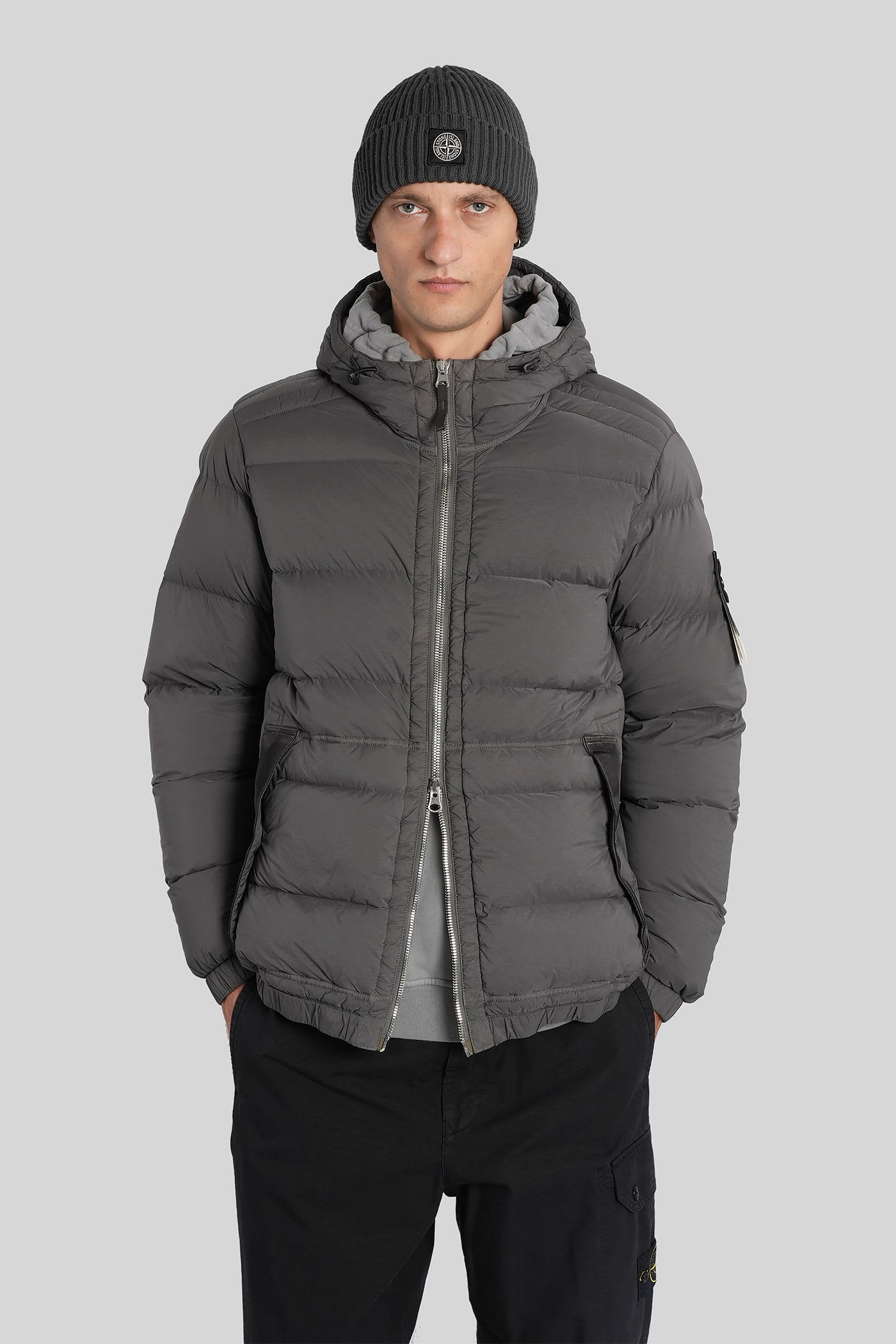 Stone Island Short Hooded Down Jacket In Gray