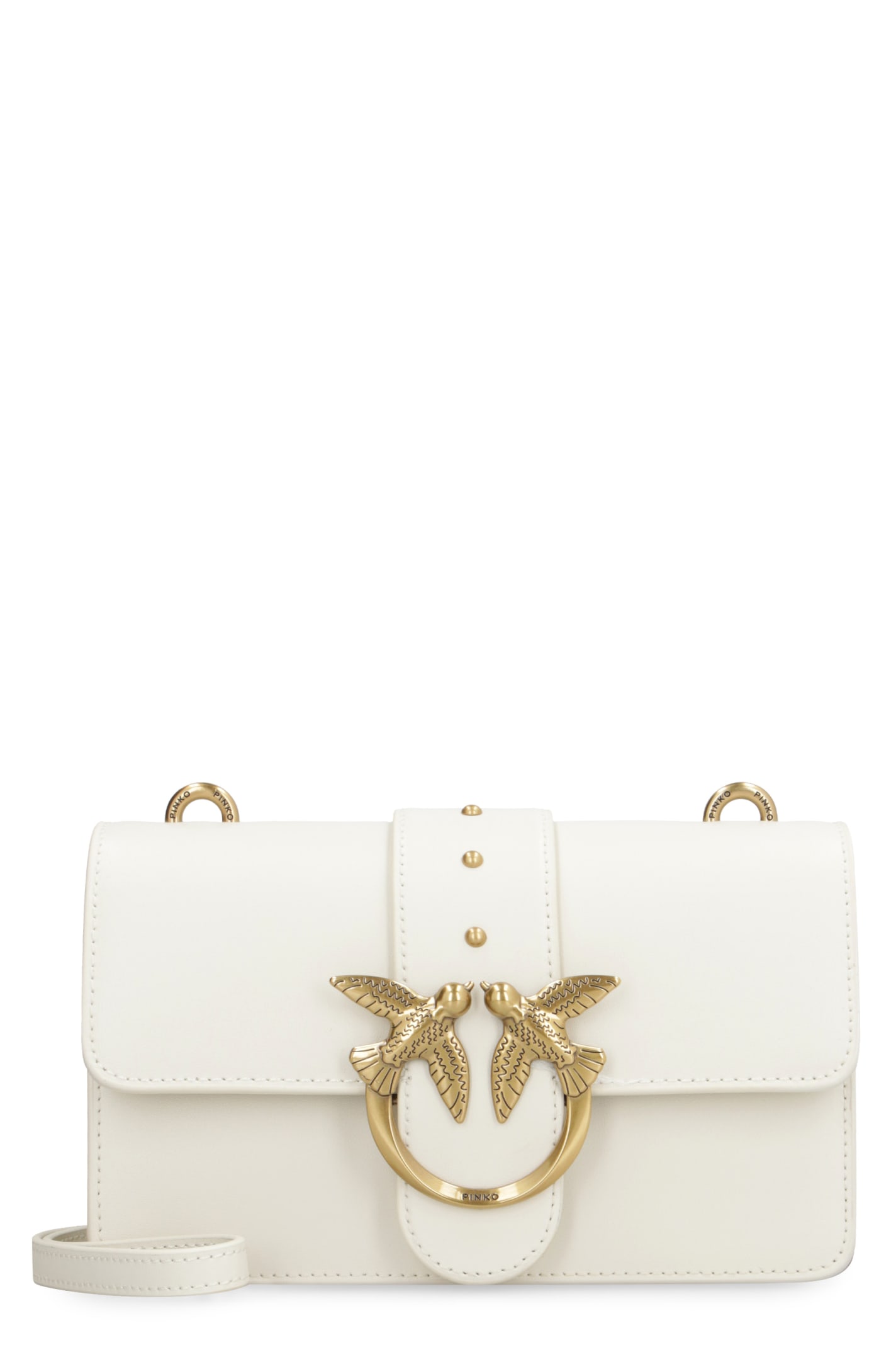 Shop Pinko Love One Leather Mini Crossbody Bag In Bianco Seta