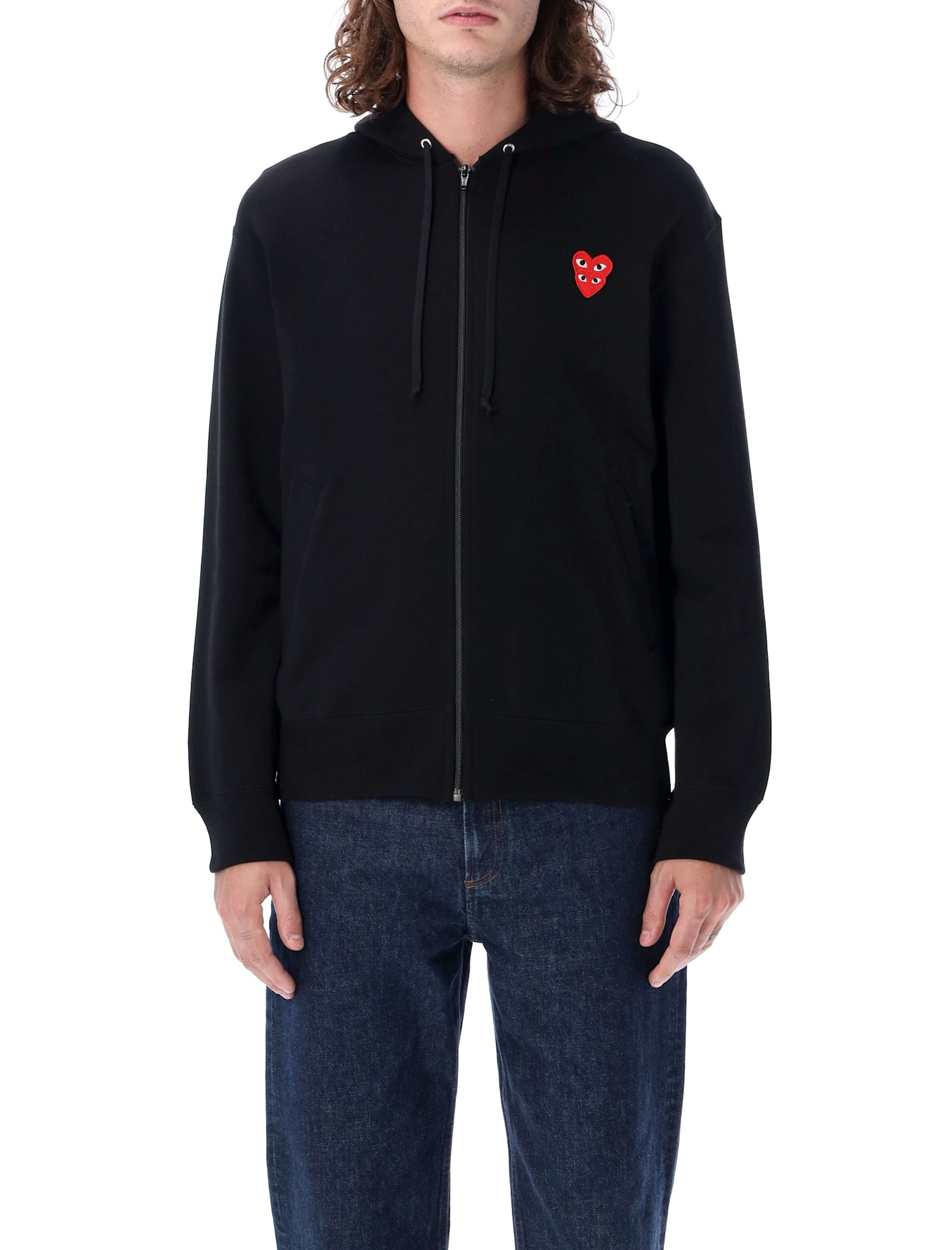 Shop Comme Des Garçons Play Zipped Hoodie With Double Heart Patch In Black