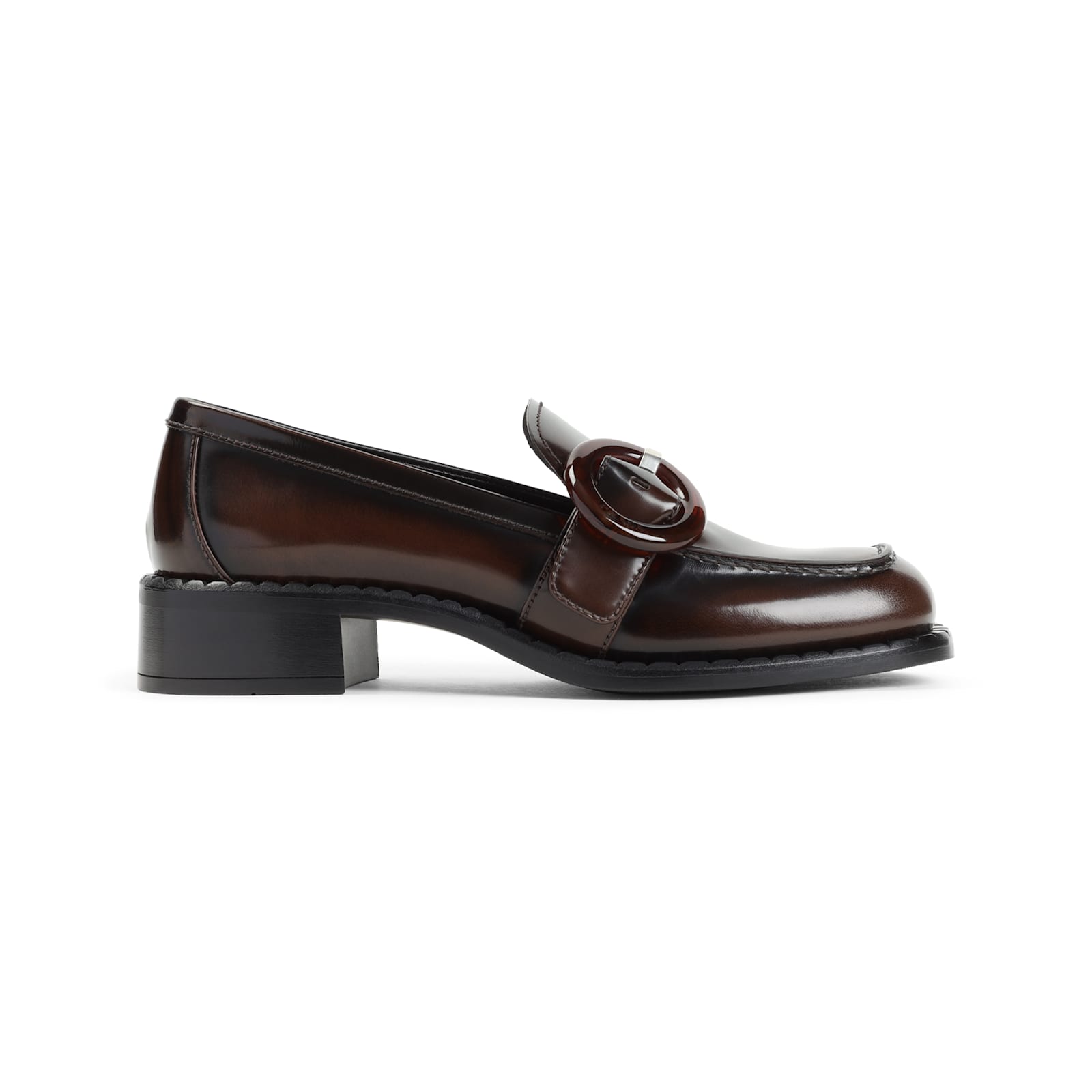 Prada Polished Brown Flat Shoes With Decorative Buckle
