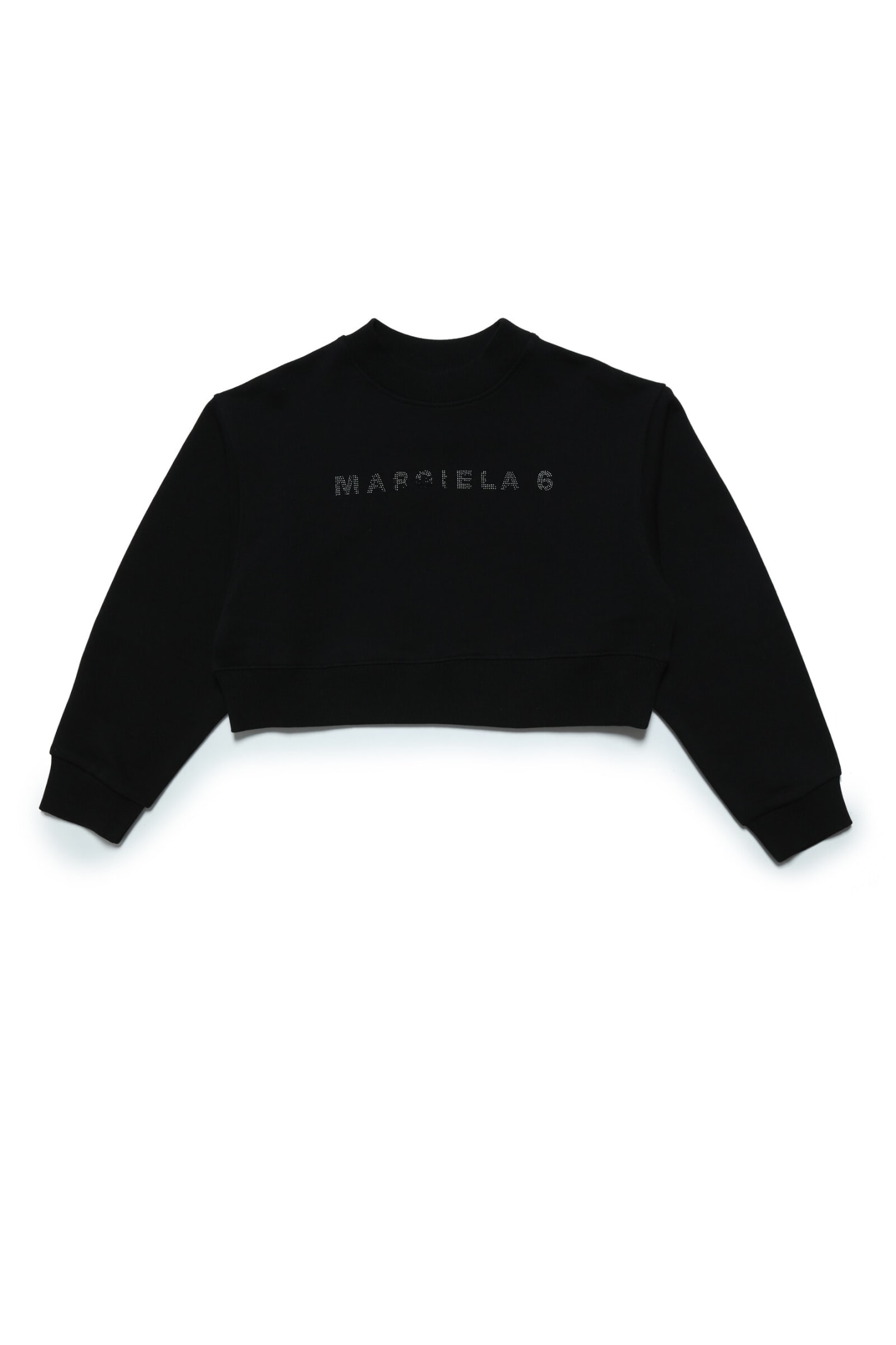 Maison Margiela Kids' Mm6s64u Sweat-shirt  Cotton Ccrew-neck Cropped Sweatshirt With Rhinestone Logo In Black