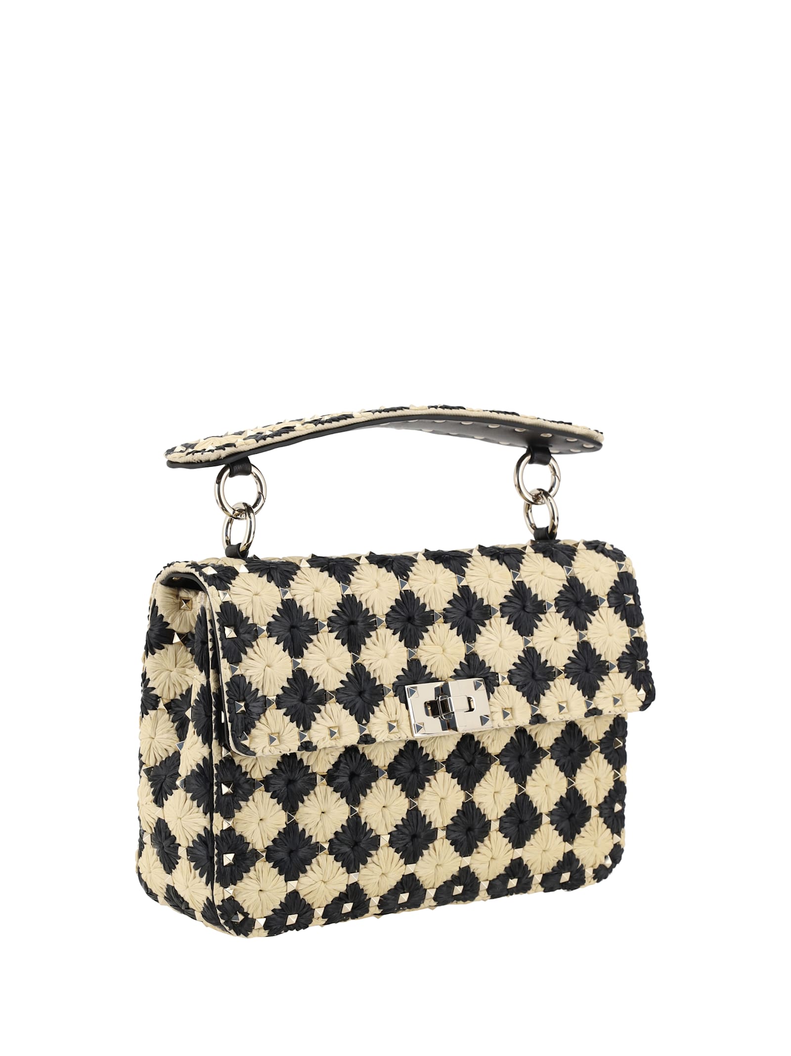 Valentino Garavani Two-tone Raffia Medium Rockstud Spike Handbag In Naturale/nero