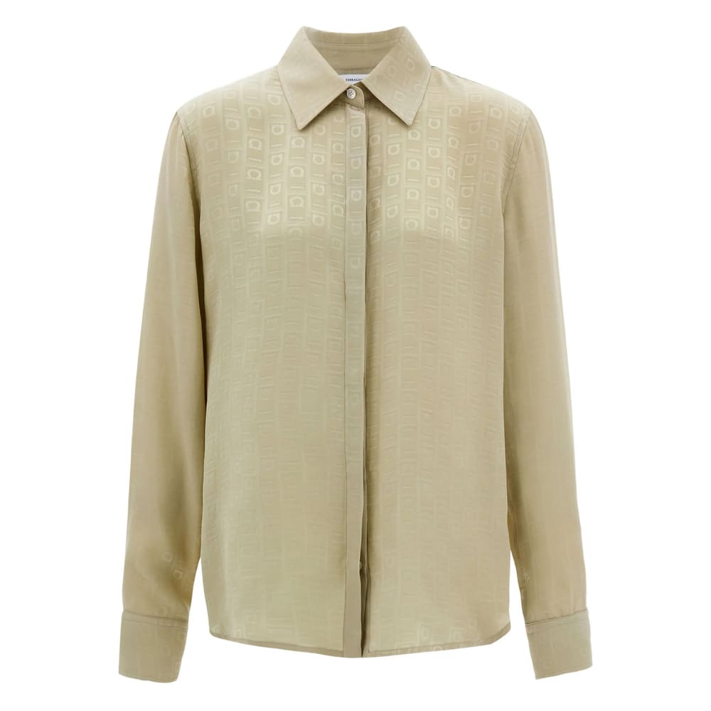 Ferragamo Gancini Jacquard Silk Button-up Shirt In Neutral