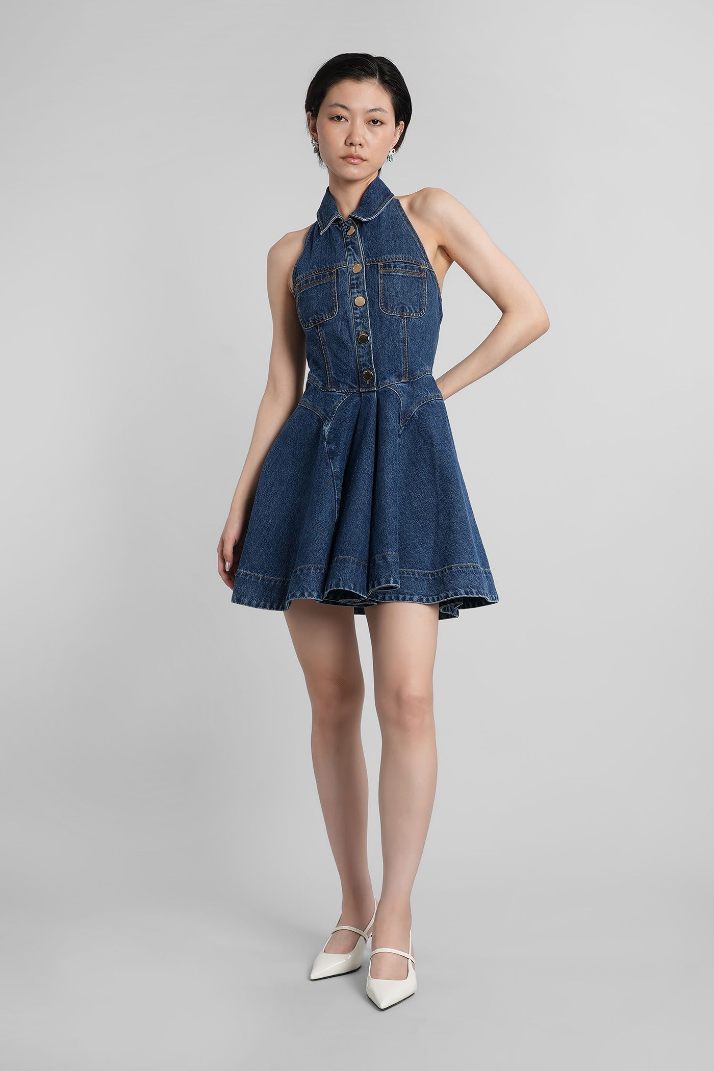 Self-portrait Blue Cotton Denim Flared Mini Dress In Blue