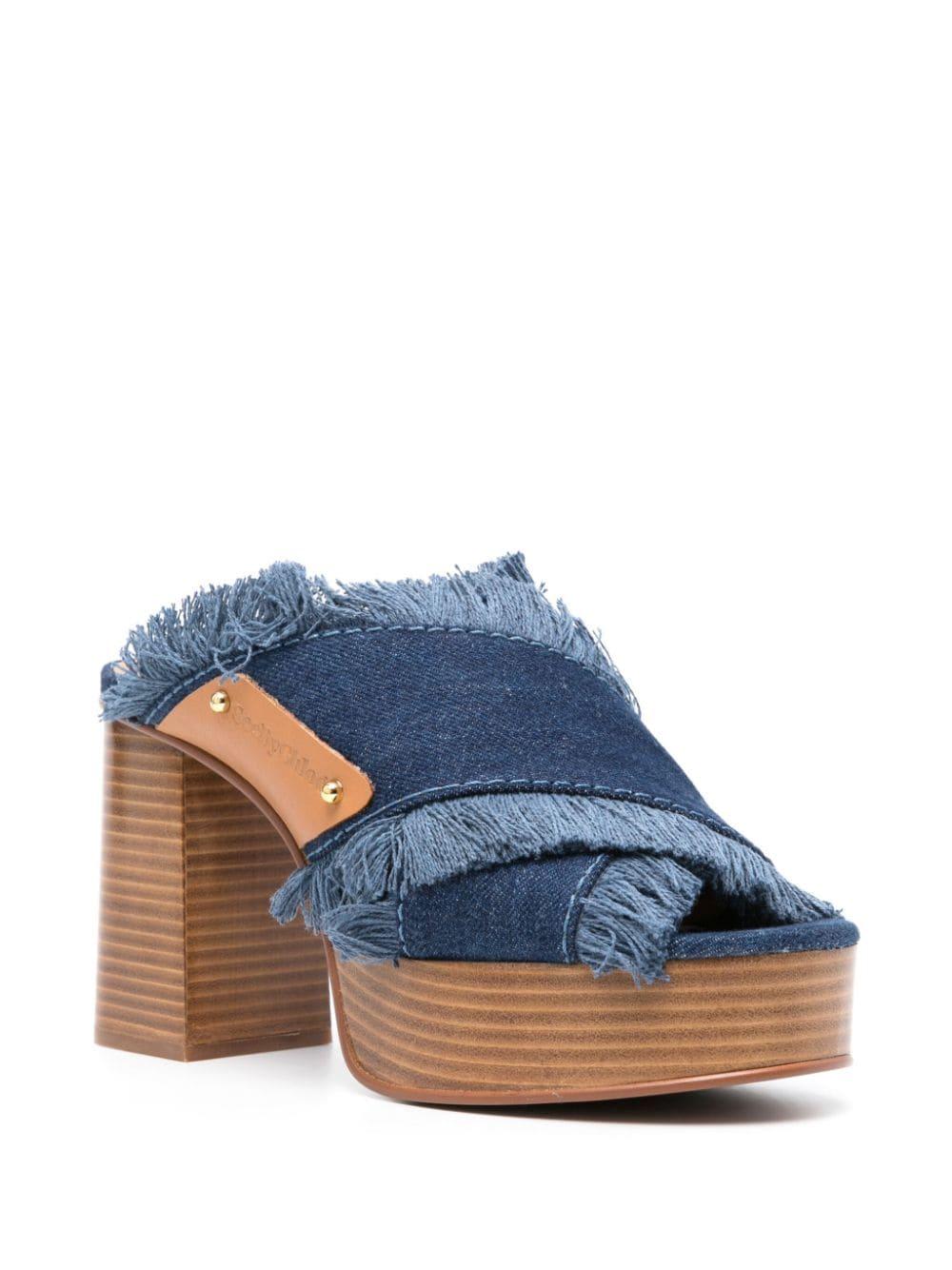 Shop See By Chloé 100mm Frayed-detailing Denim Mules In Tan