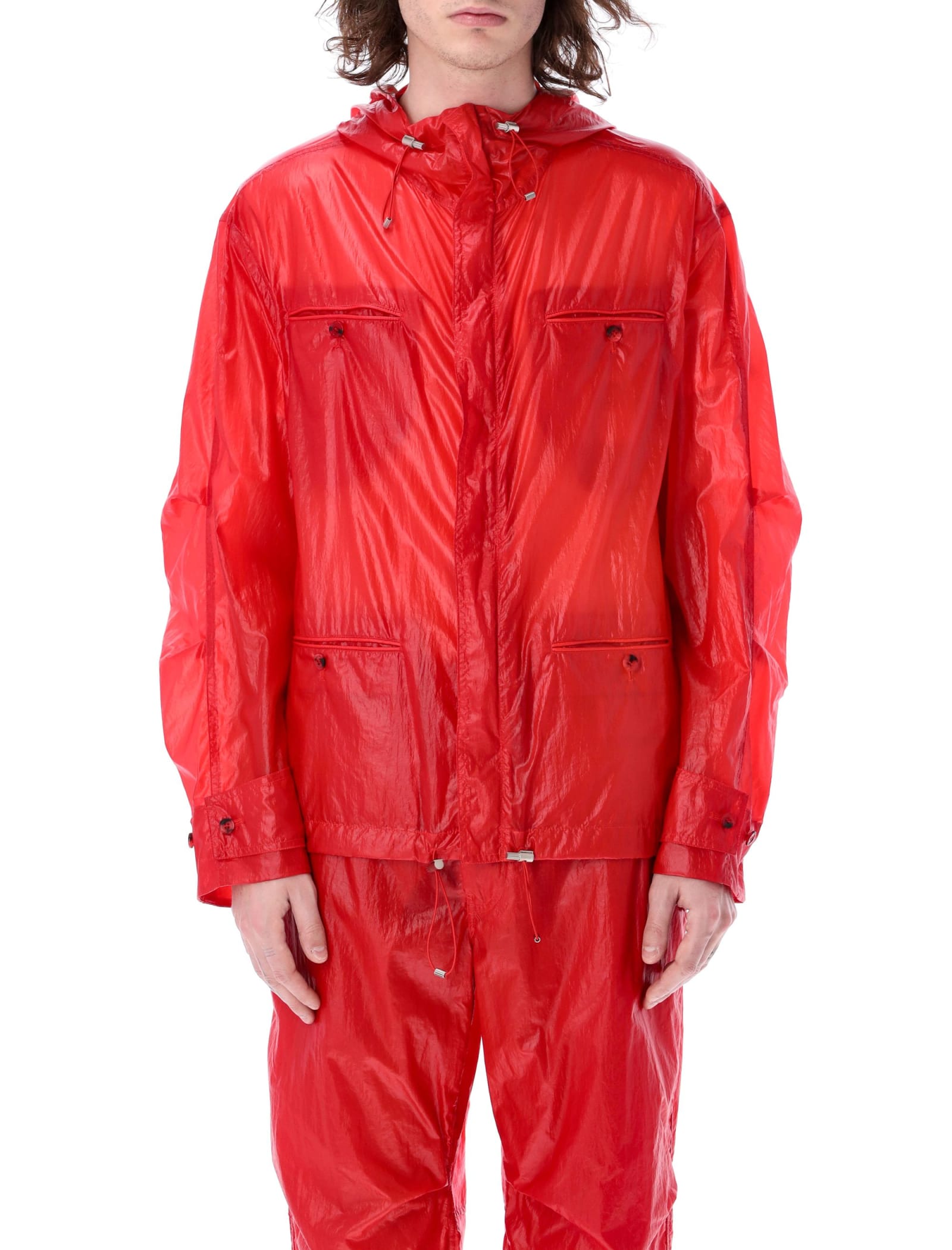 Ferragamo Hooded Windbreaker Jacket With Adjustable Drawstrings In Red