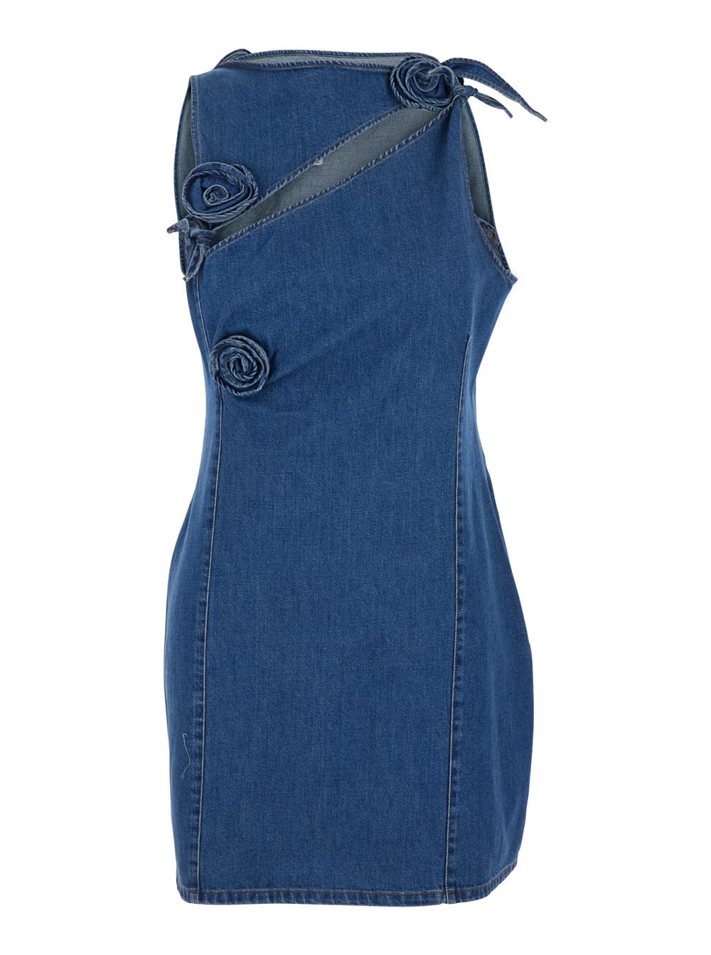 Coperni Denim Asymmetrical Flower Mini Dress In Blue