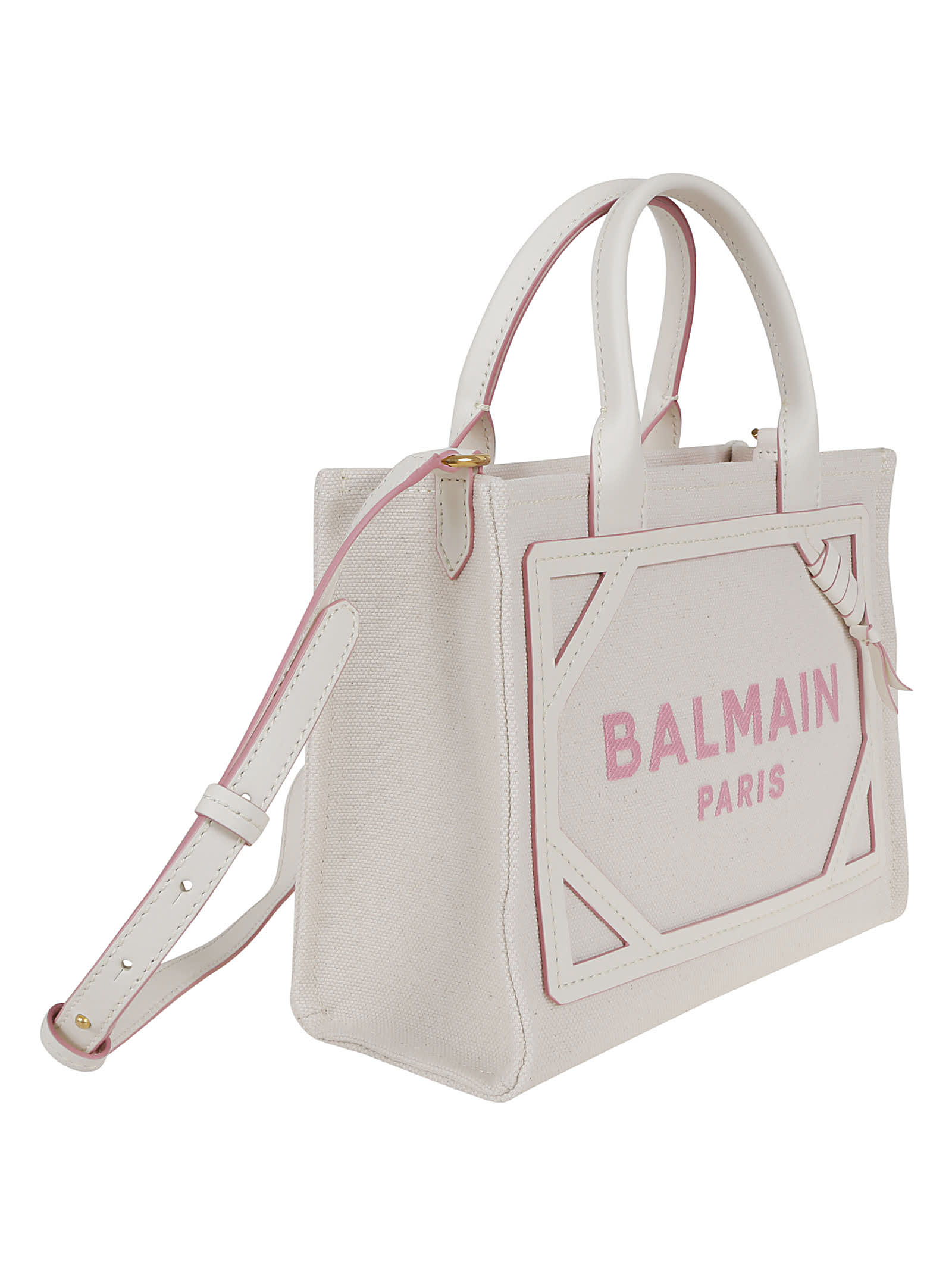 Shop Balmain B-army Shopper Small-canvas&logo In Crema/rosa