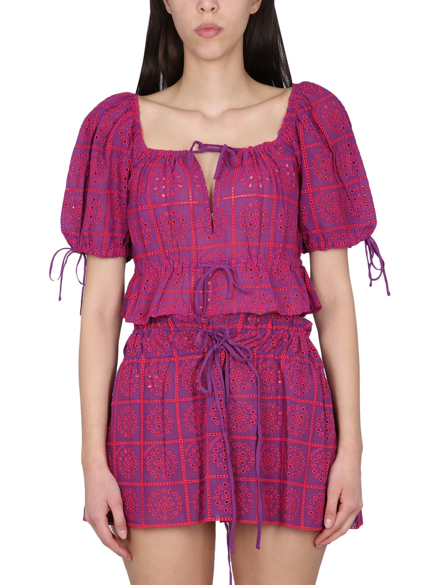 Ganni Cropped Broderie Anglaise Organic Cotton Top In Fucsia