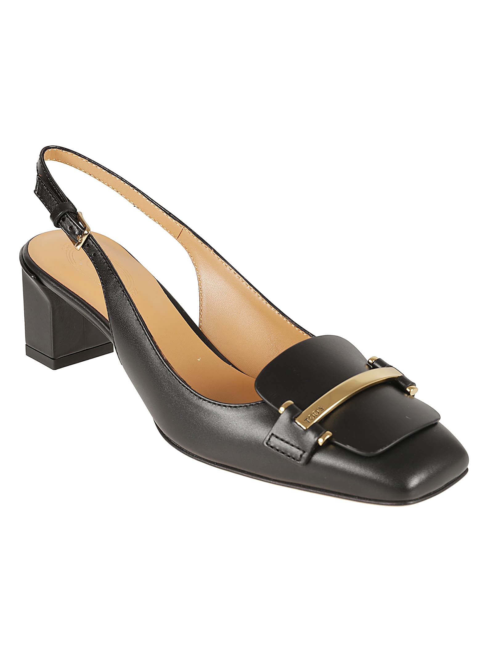 Tod's Square Toe Block Heel Gold-tone Hardware Slingback In Black