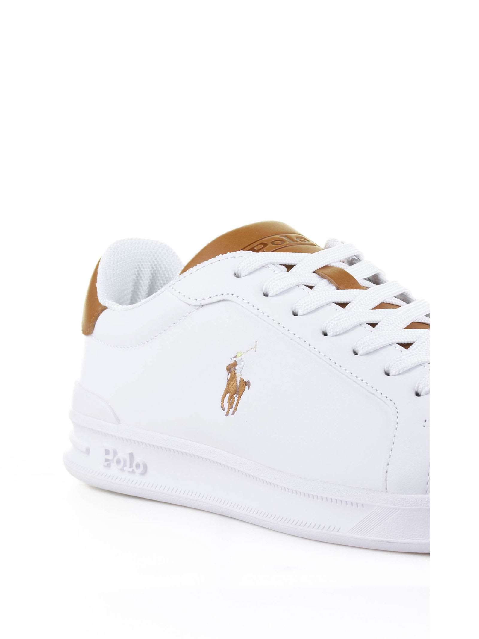 Shop Ralph Lauren White Brown Leather Sneaker With Logo In White/tan