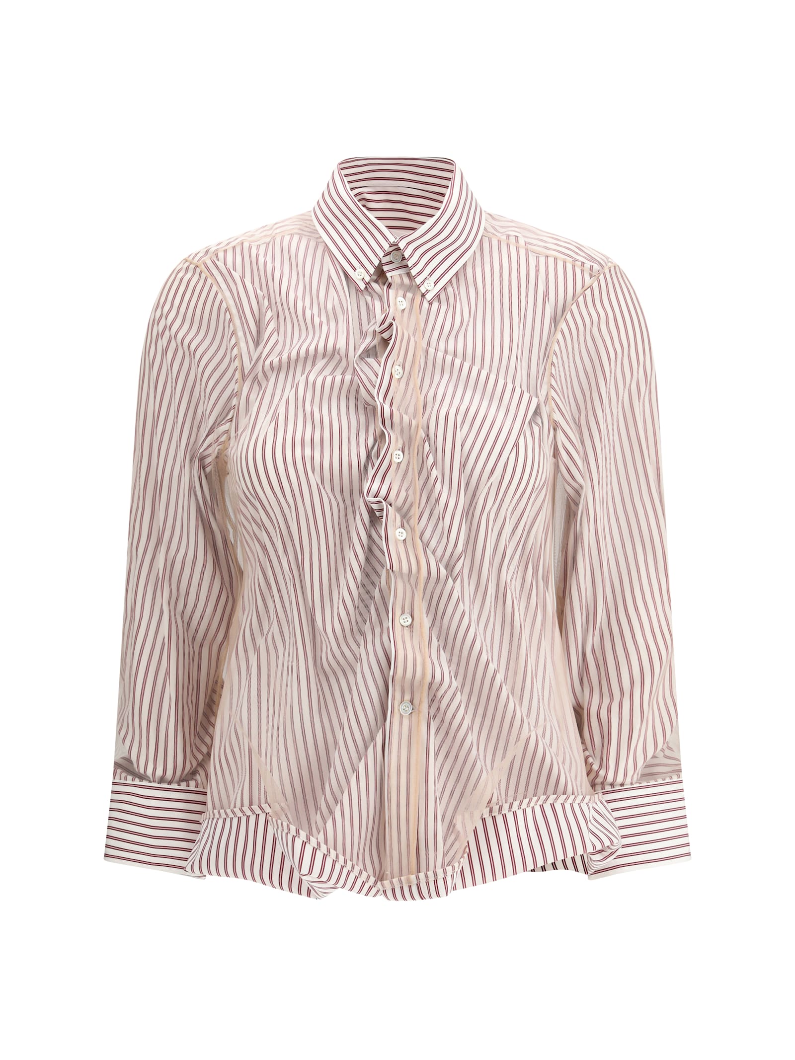 Maison Margiela Vertical Stripe Fitted Shirt With Ruffled Detail In Multi