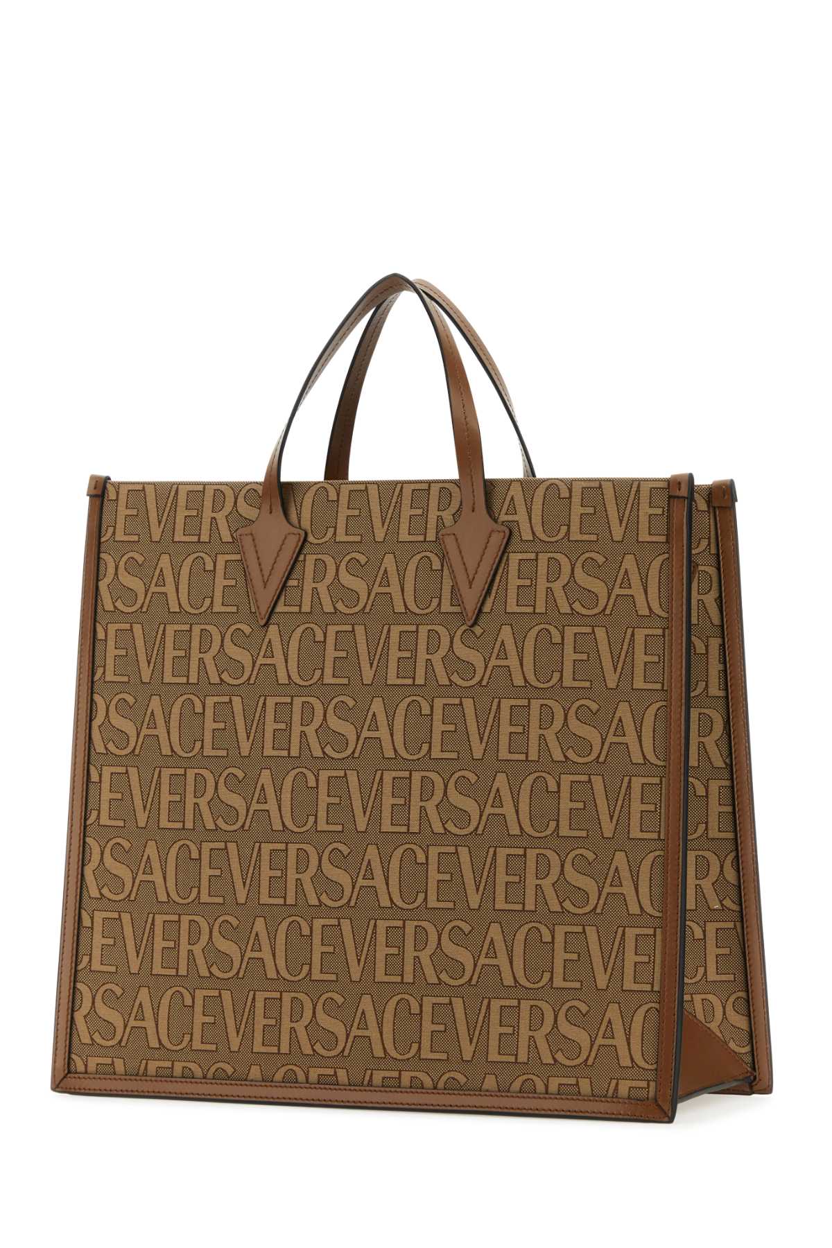Versace Embroidered Canvas  Allover Shopping Bag In Beimarorover