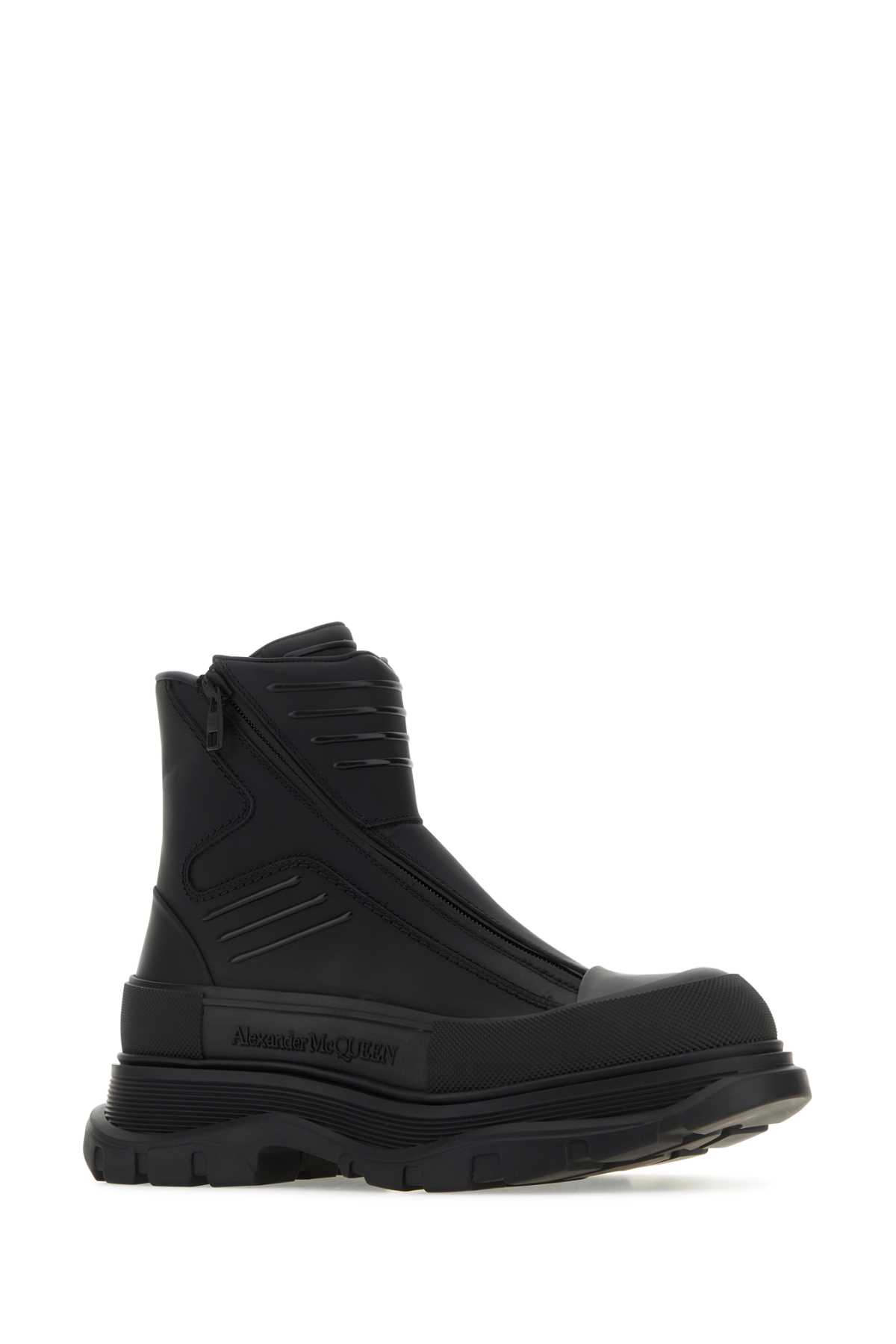 Shop Alexander Mcqueen Black Leather Tread Slick Ankle Boots In Black/black/black