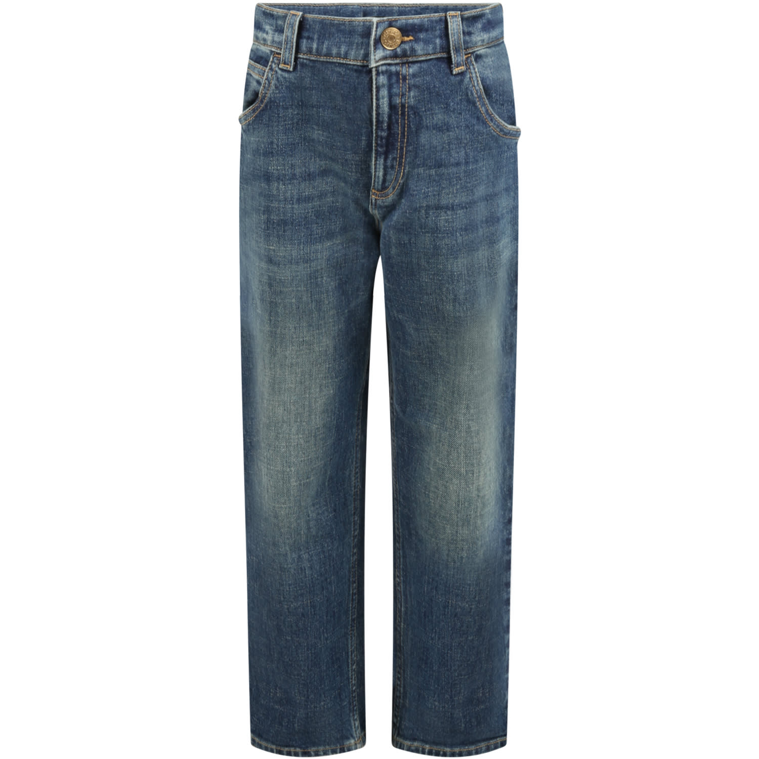 Gucci Jeans Blue For Boy With Horsebit And Patch Logo