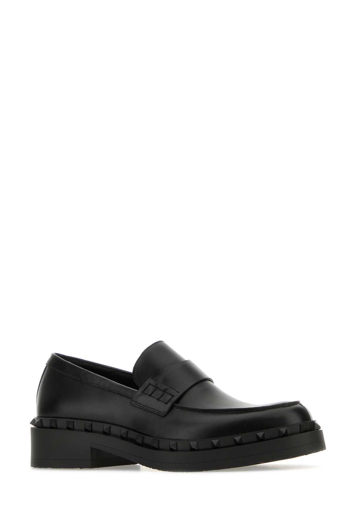 Shop Valentino Black Leather Rockstud Loafers In Nero