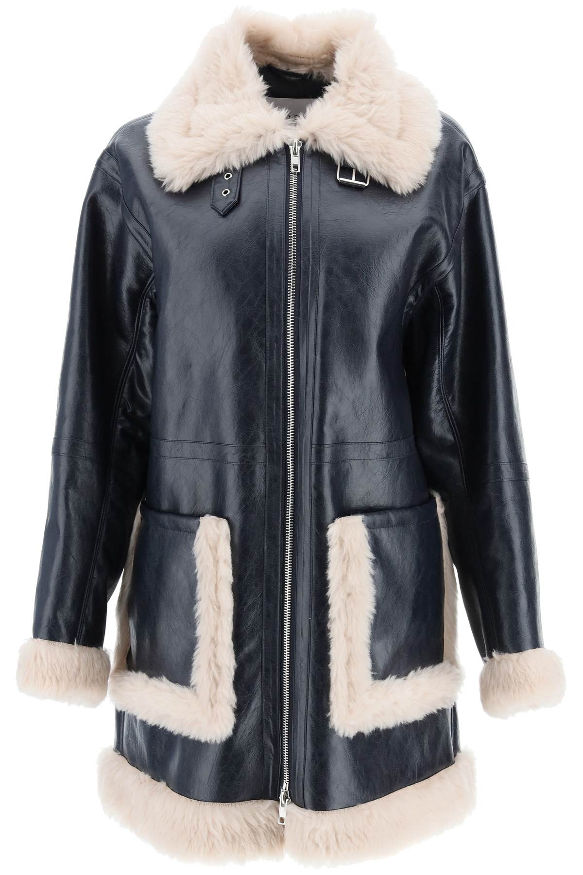STAND STUDIO RINNA CRINCKLED FAUX LEATHER JACKET WITH ECO FUR